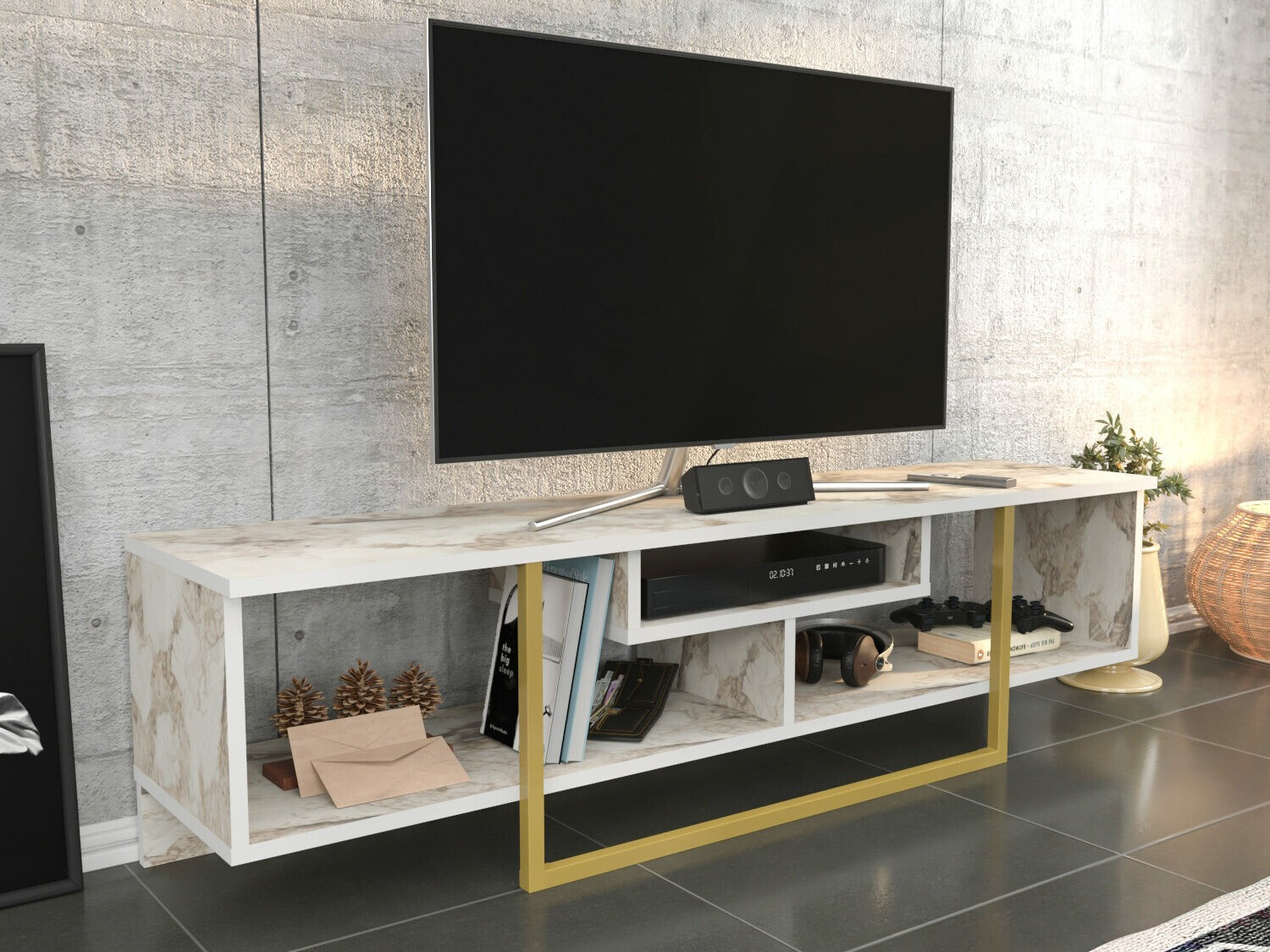 TV komoda Kailua 245 (Beli mermer + Zlatna)