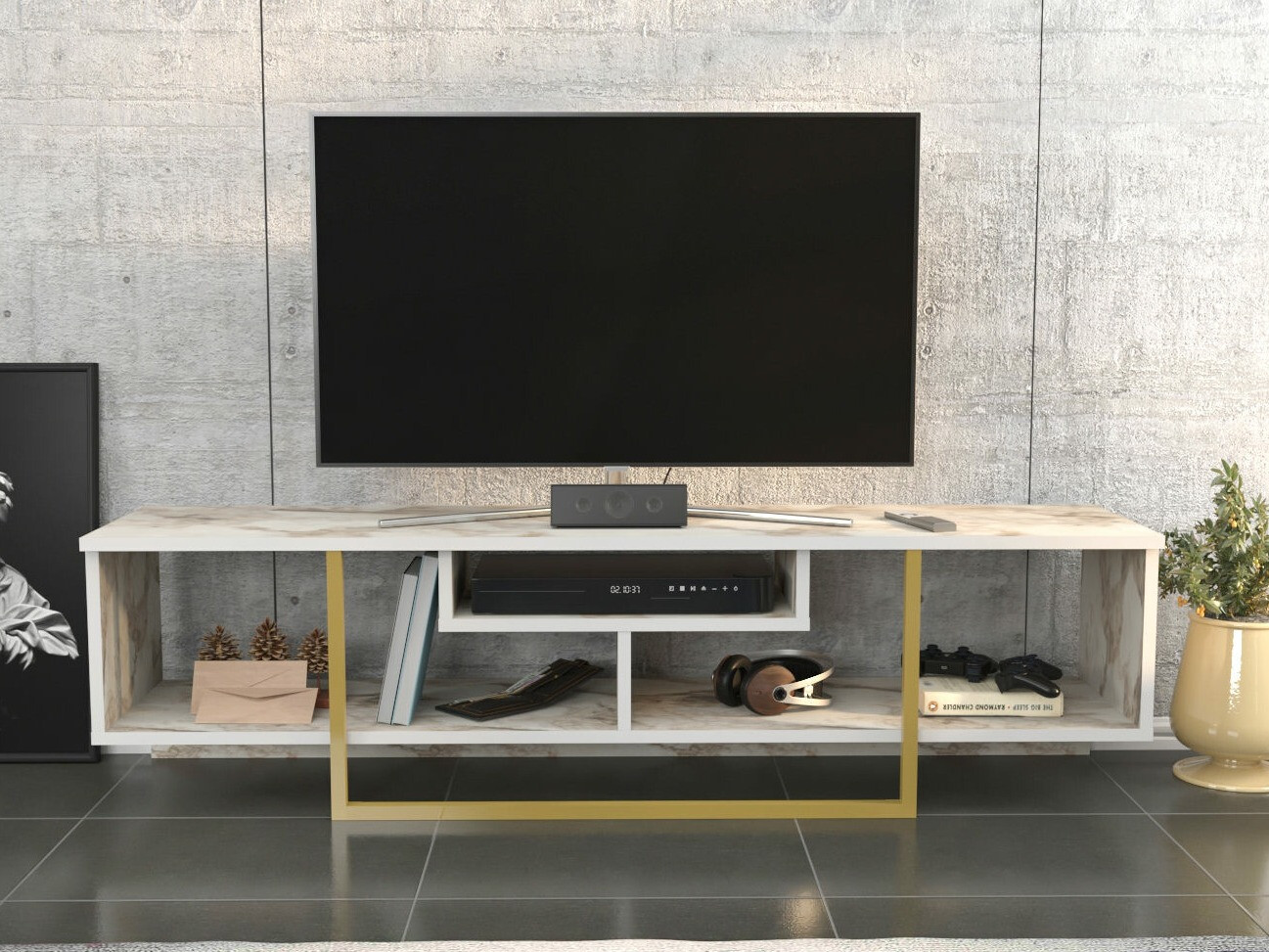 TV komoda Kailua 245 (Beli mermer + Zlatna)