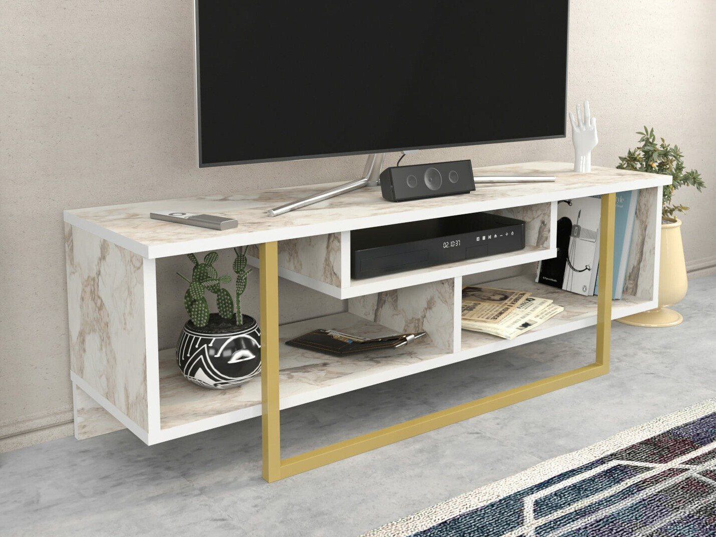 TV komoda Kailua 246 (Beli mermer + Zlatna)
