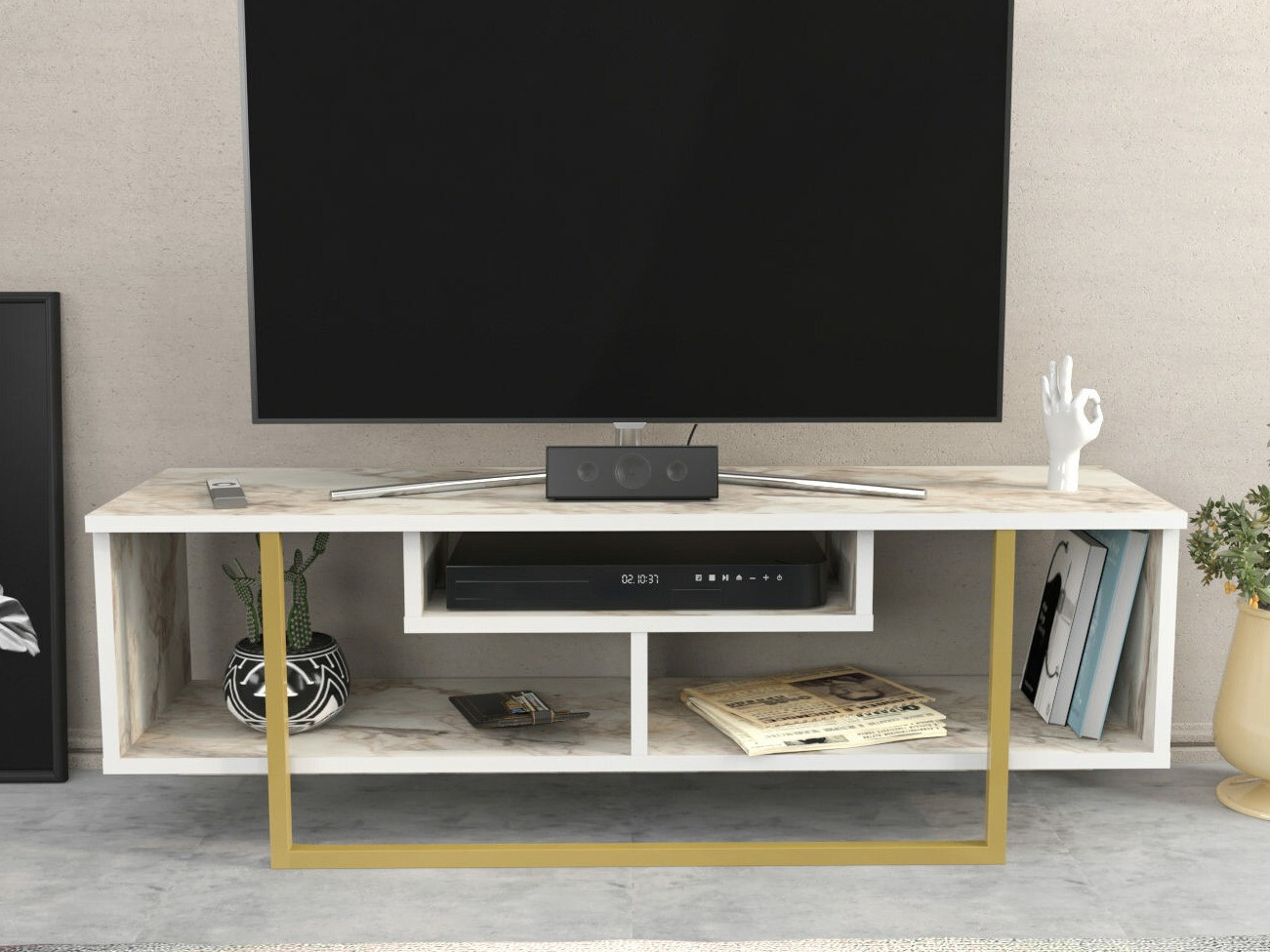TV komoda Kailua 246 (Beli mermer + Zlatna)