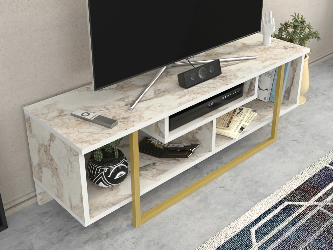 TV komoda Kailua 246 (Beli mermer + Zlatna)
