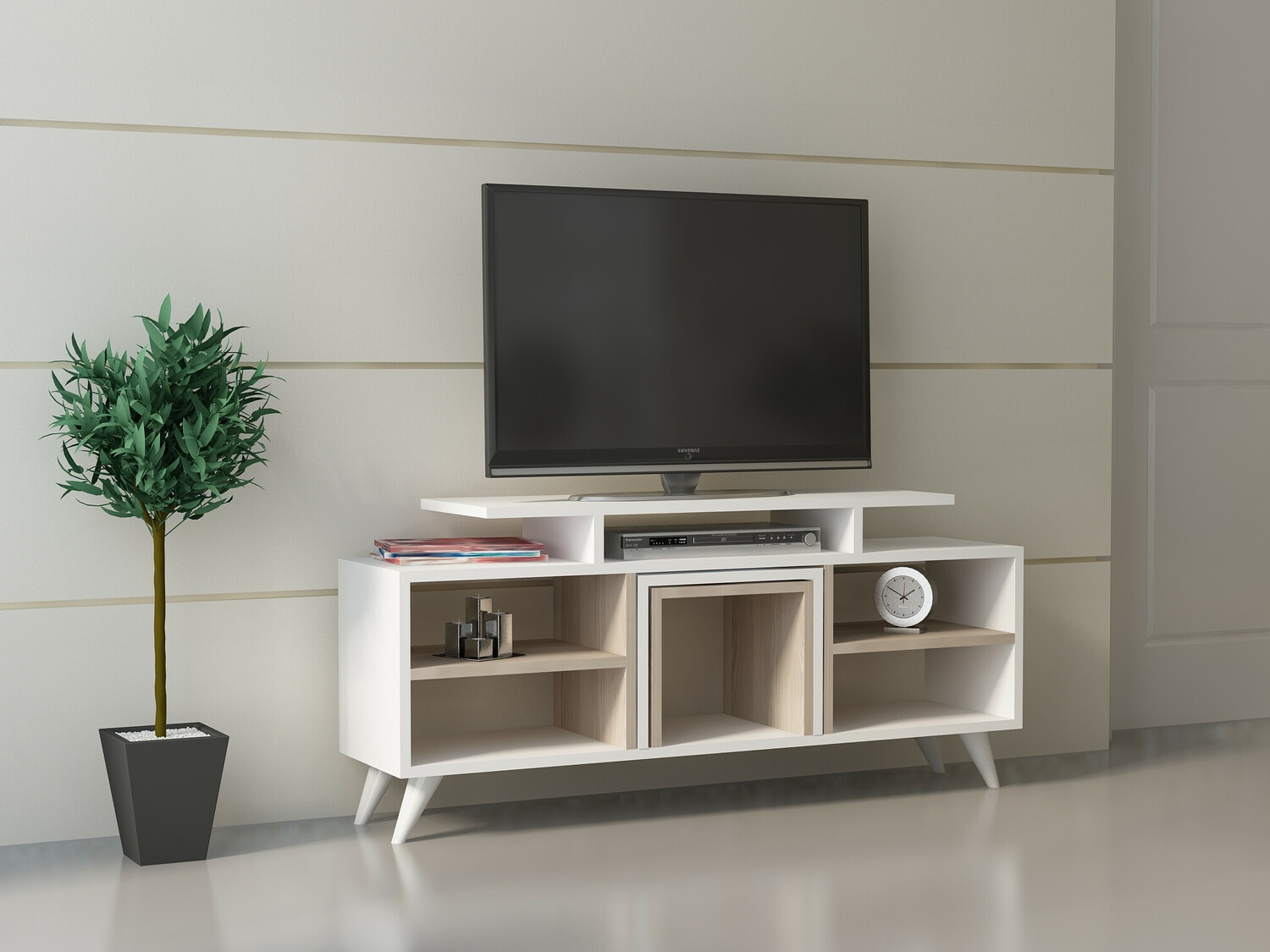 TV komoda Kailua 816 (Belo + Svetlo drvo)