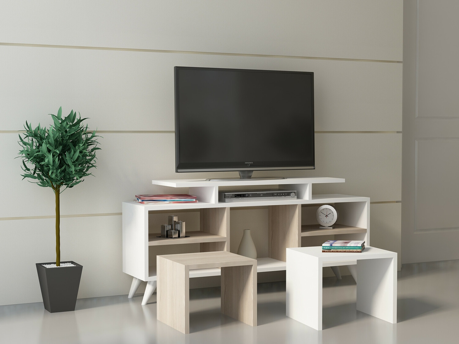 TV komoda Kailua 816 (Belo + Svetlo drvo)