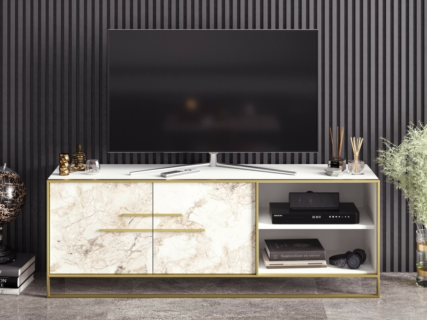 TV komoda Kailua 1169 (Zlatna + Beli mermer)