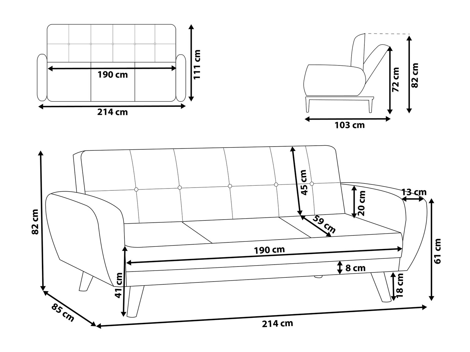 Sofa na razvlačenje Etlivi 102 (Crno)