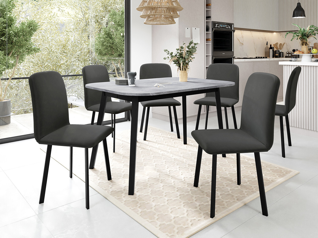 Trpezarijski set Edmond 117 (Sivi mermer + Crno)