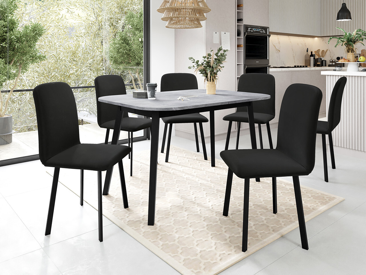 Trpezarijski set Edmond 117 (Sivi mermer + Crno)