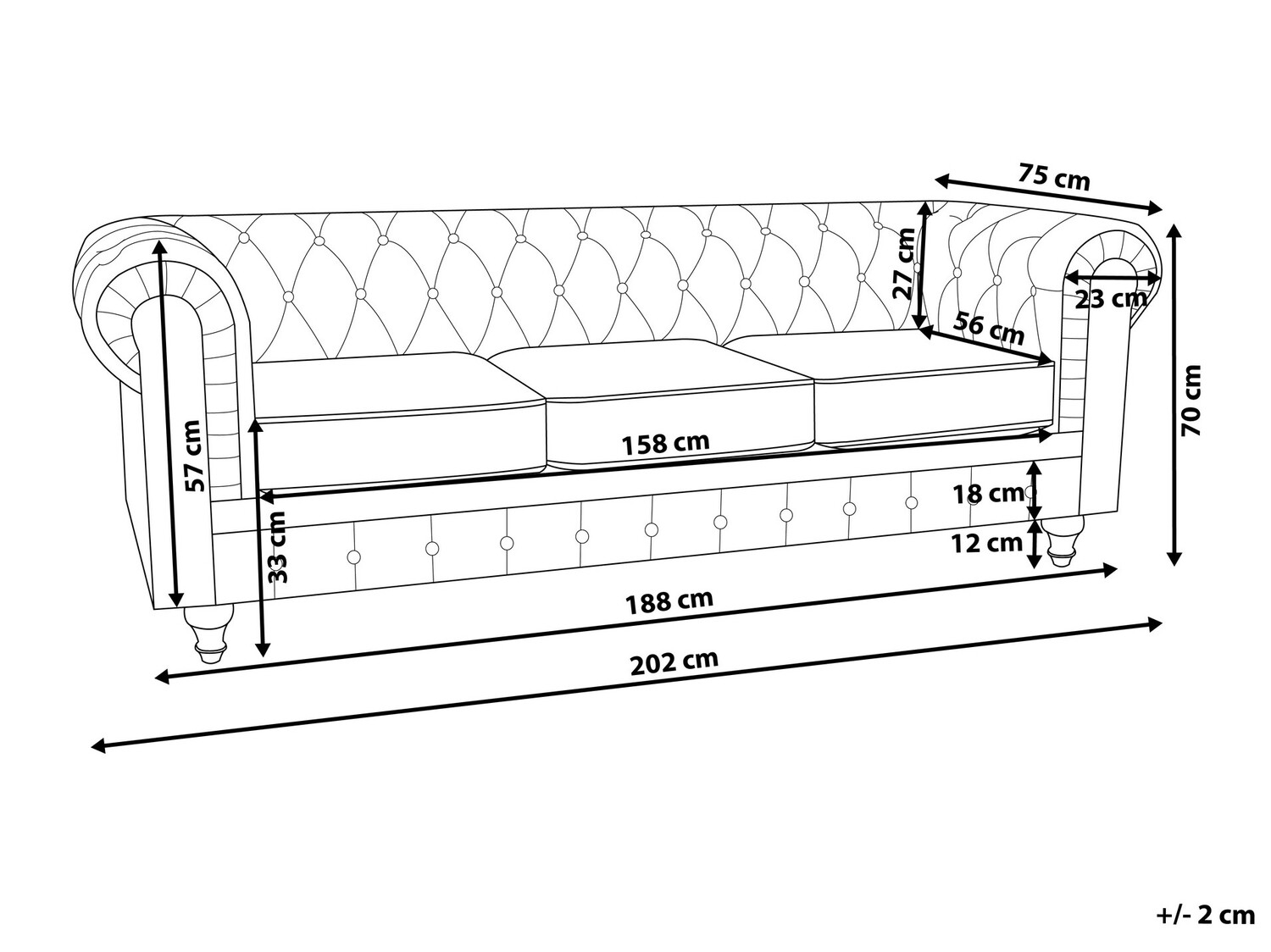 Česterfild sofa Cirdoro 100 (Sivo)