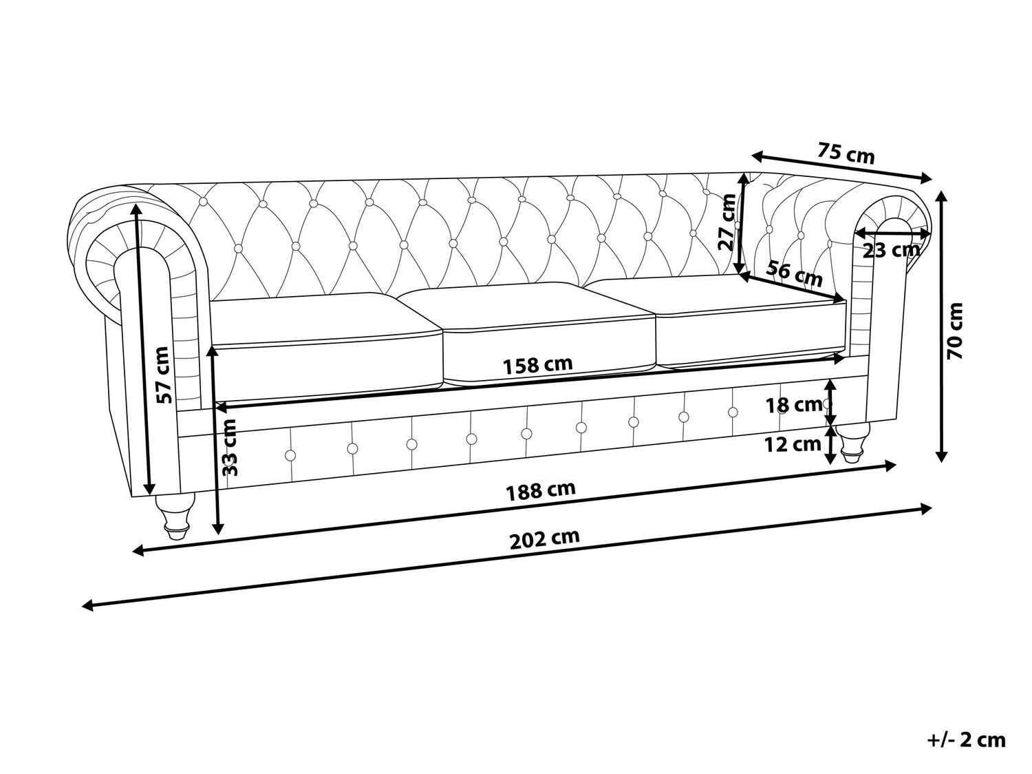 Česterfild sofa Cirdoro 100 (Svetloosiva)