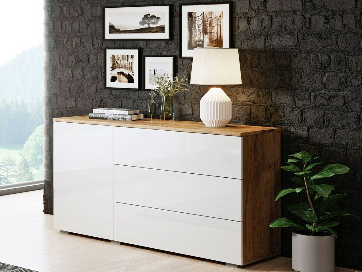 Komoda Sarasota 128 (Вотан храст + Sjajno belo)