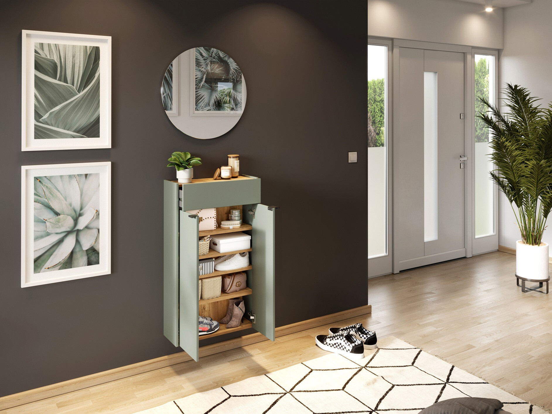 Set za hodnik Cirsale 104 (Прашњаво зелена + Navarra hrast)