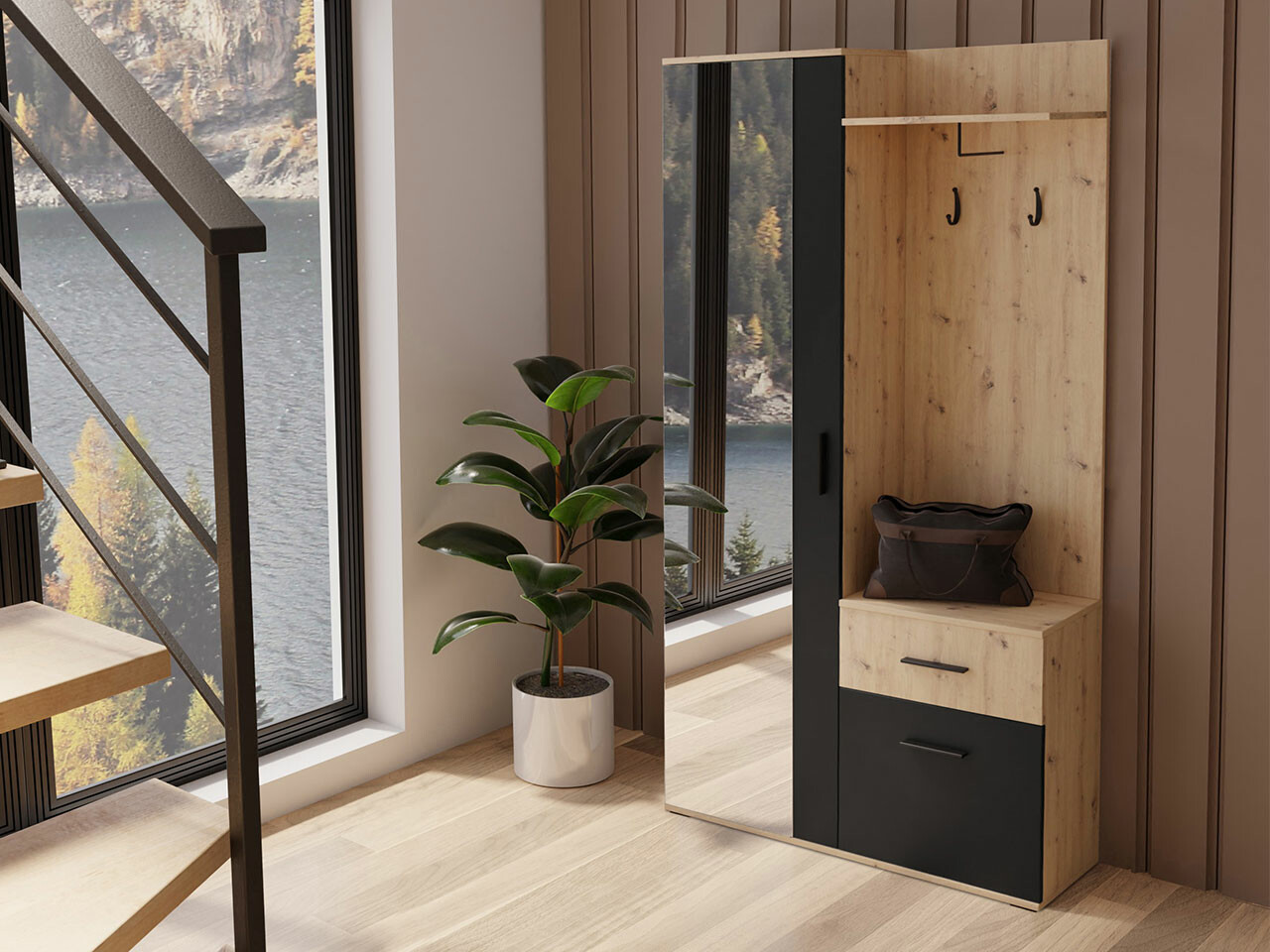 Set za hodnik Stanton 103 (Zanatski hrast + Crno)