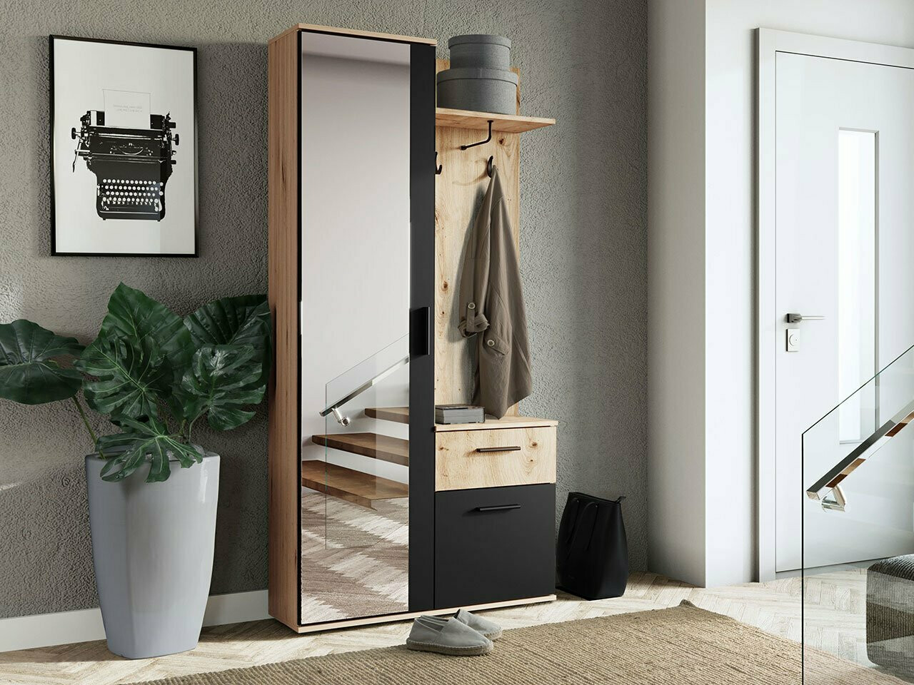 Set za hodnik Stanton 103 (Zanatski hrast + Crno)