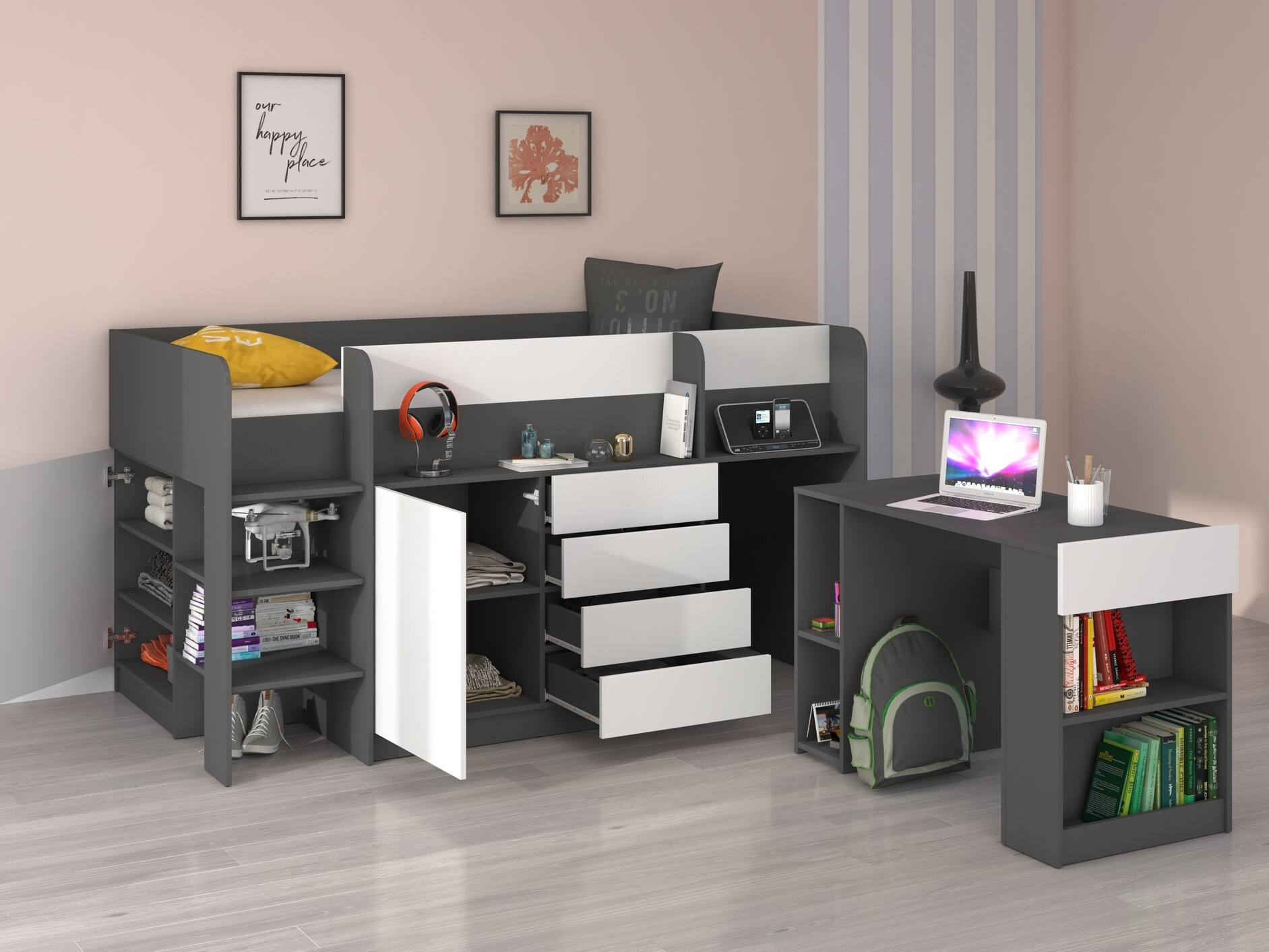 Izdignuti krevet Gilroy 116 (Graphite + Belo)