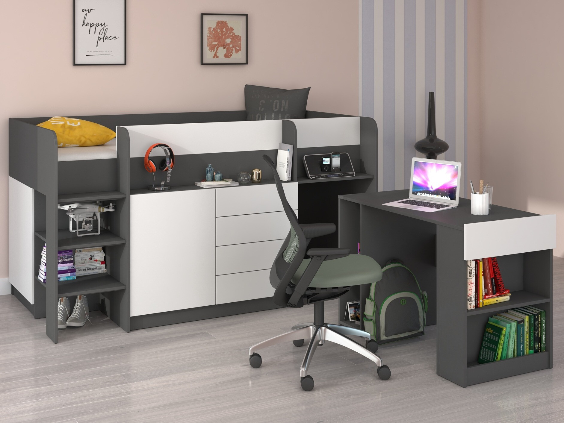 Izdignuti krevet Gilroy 116 (Graphite + Belo)