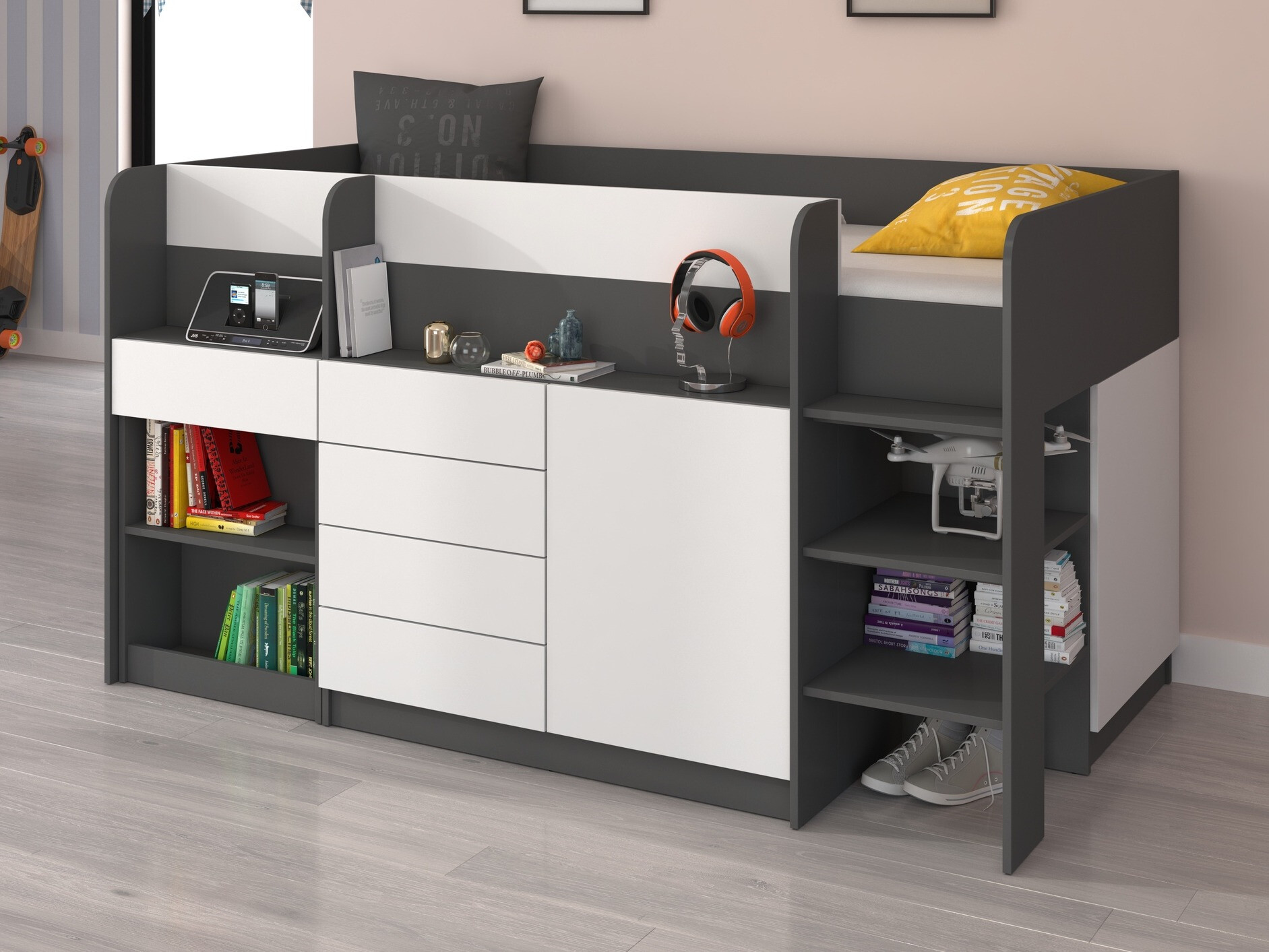 Izdignuti krevet Gilroy 116 (Graphite + Belo)