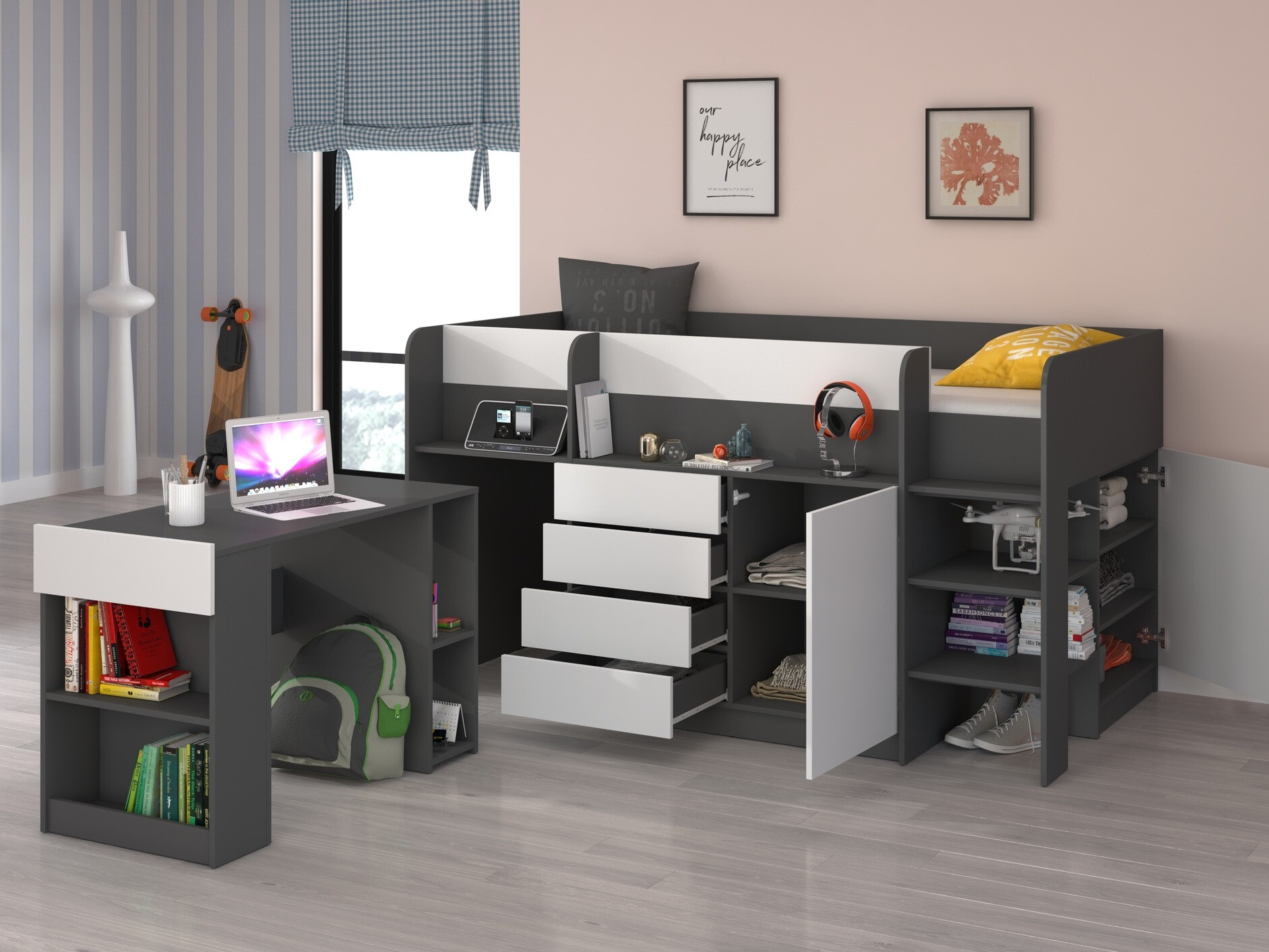 Izdignuti krevet Gilroy 116 (Graphite + Belo)