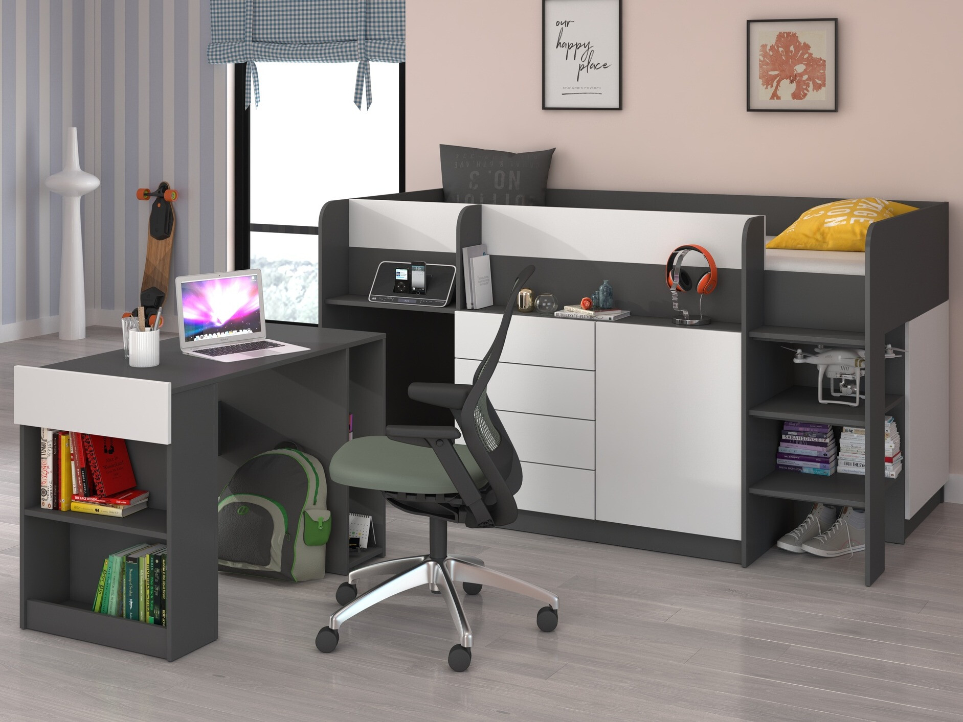 Izdignuti krevet Gilroy 116 (Graphite + Belo)