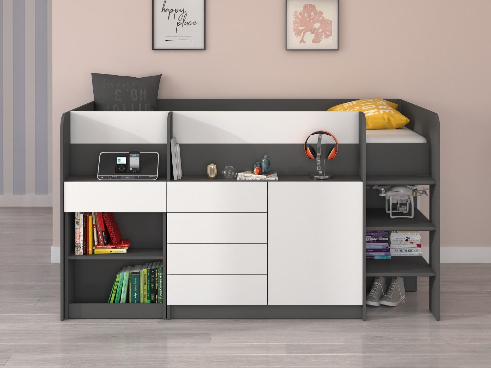 Izdignuti krevet Gilroy 116 (Graphite + Belo)