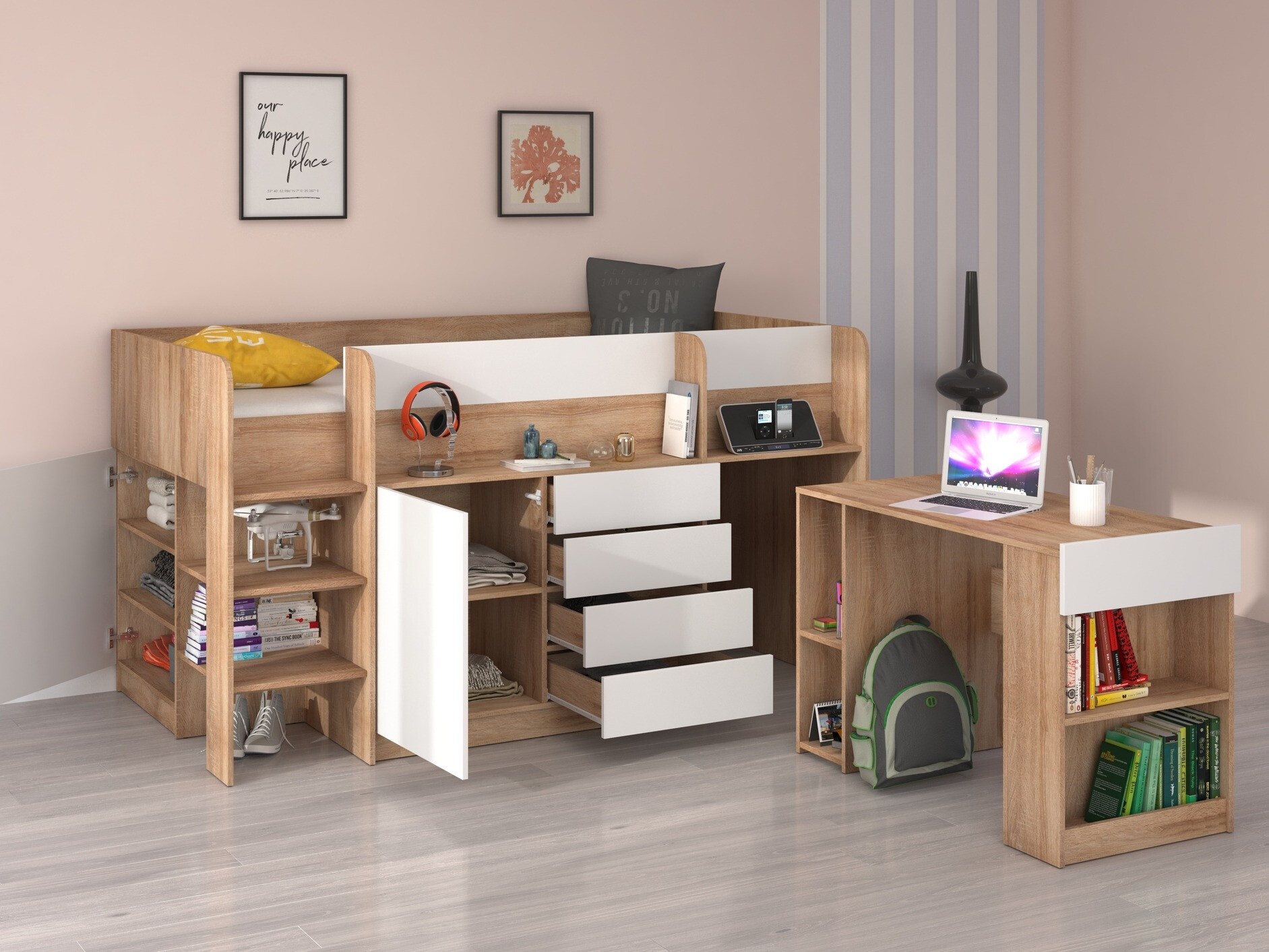 Izdignuti krevet Gilroy 116 (Sonoma hrast + Belo)