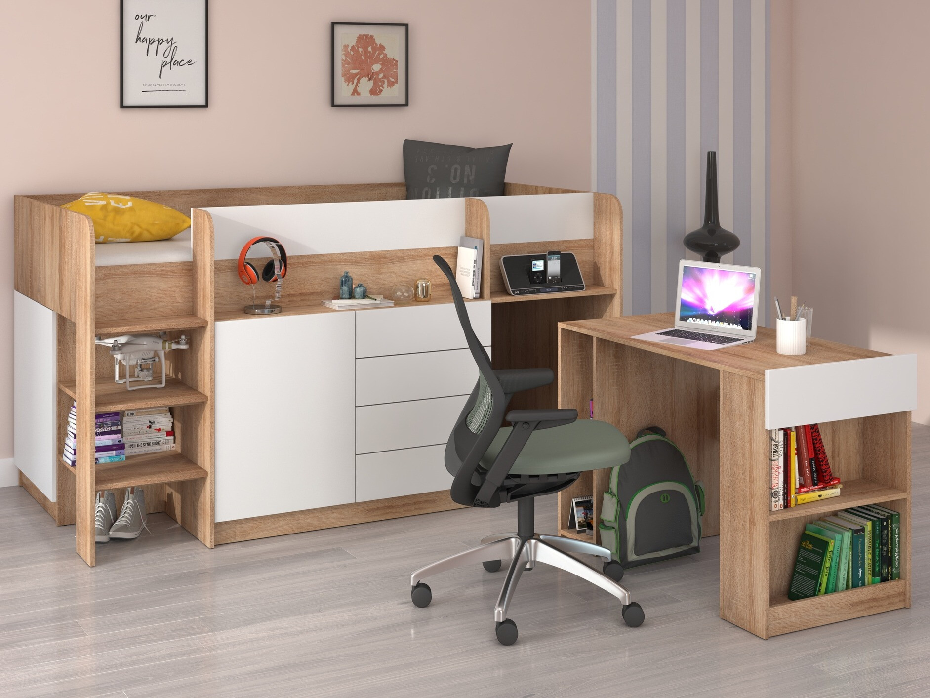 Izdignuti krevet Gilroy 116 (Sonoma hrast + Belo)