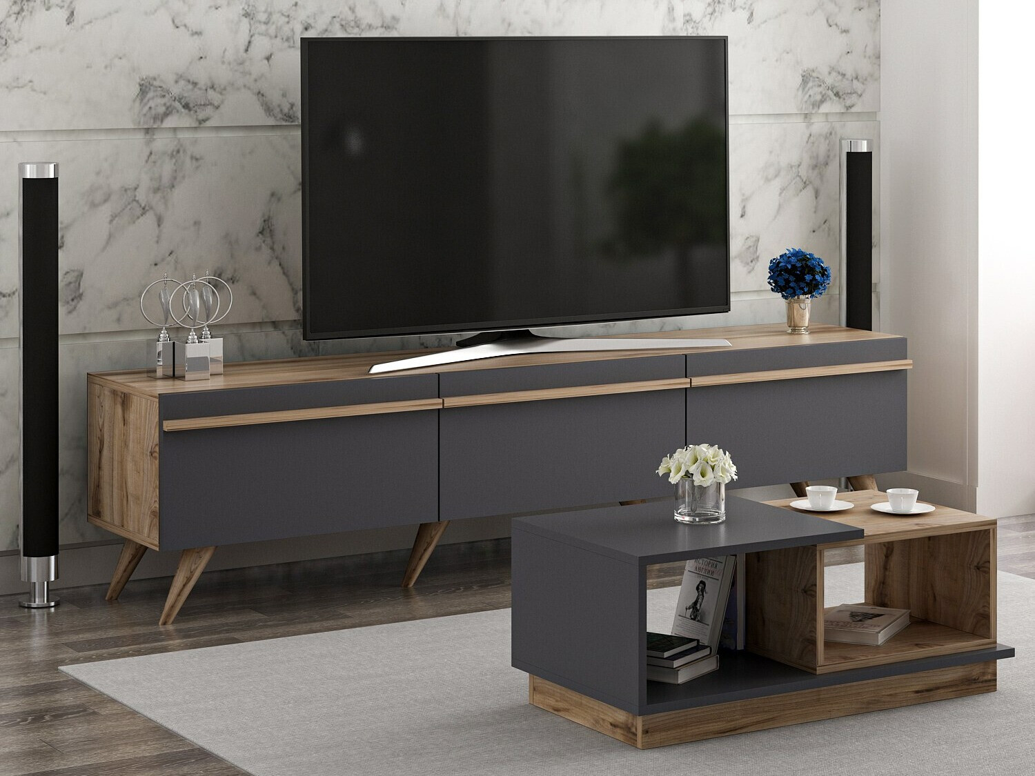 Set za dnevnu sobu Kailua 1705 (Antracit + Hrast)