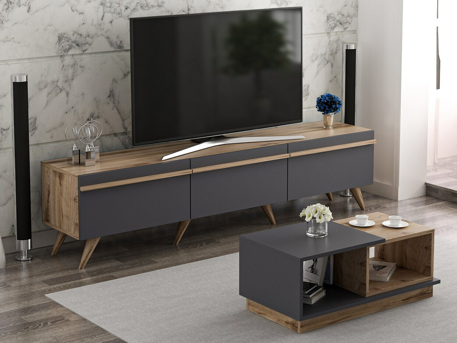 Set za dnevnu sobu Kailua 1705 (Antracit + Hrast)