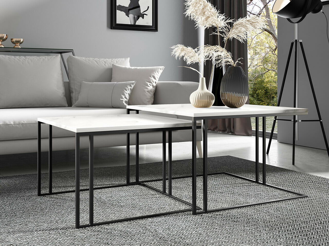 Set stočića za kafu Oswego 110 (Beli mermer + Crno)