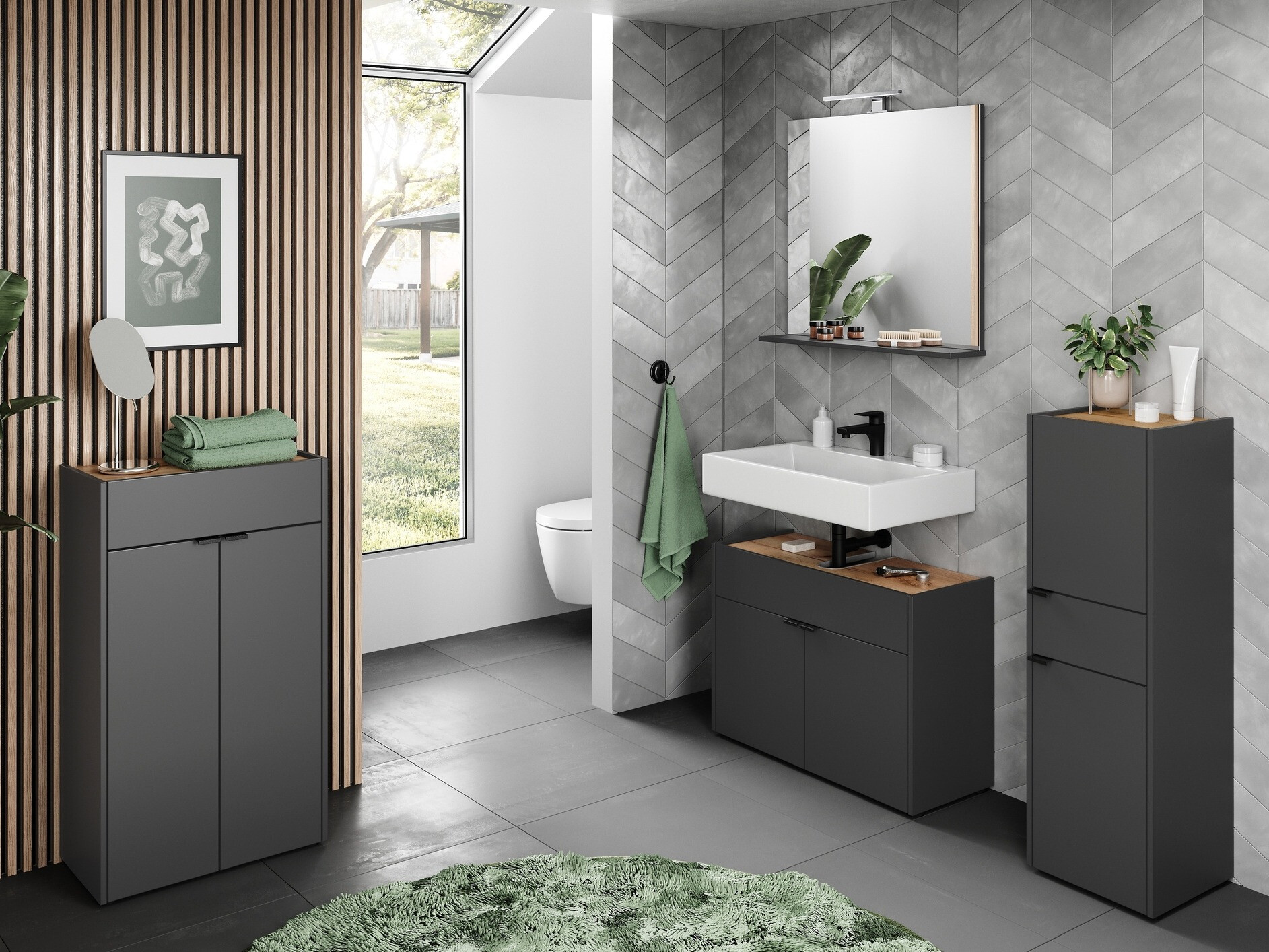 Samostojeći kupatilski ormarić za umivaonik Ventei 100 (Grafit + Navarra hrast)