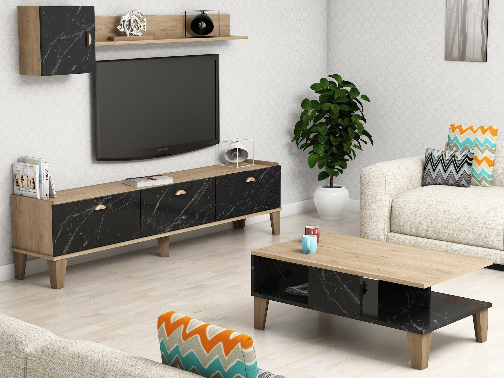 Set za dnevnu sobu Kailua 723 (Hrast + Crni mermer)