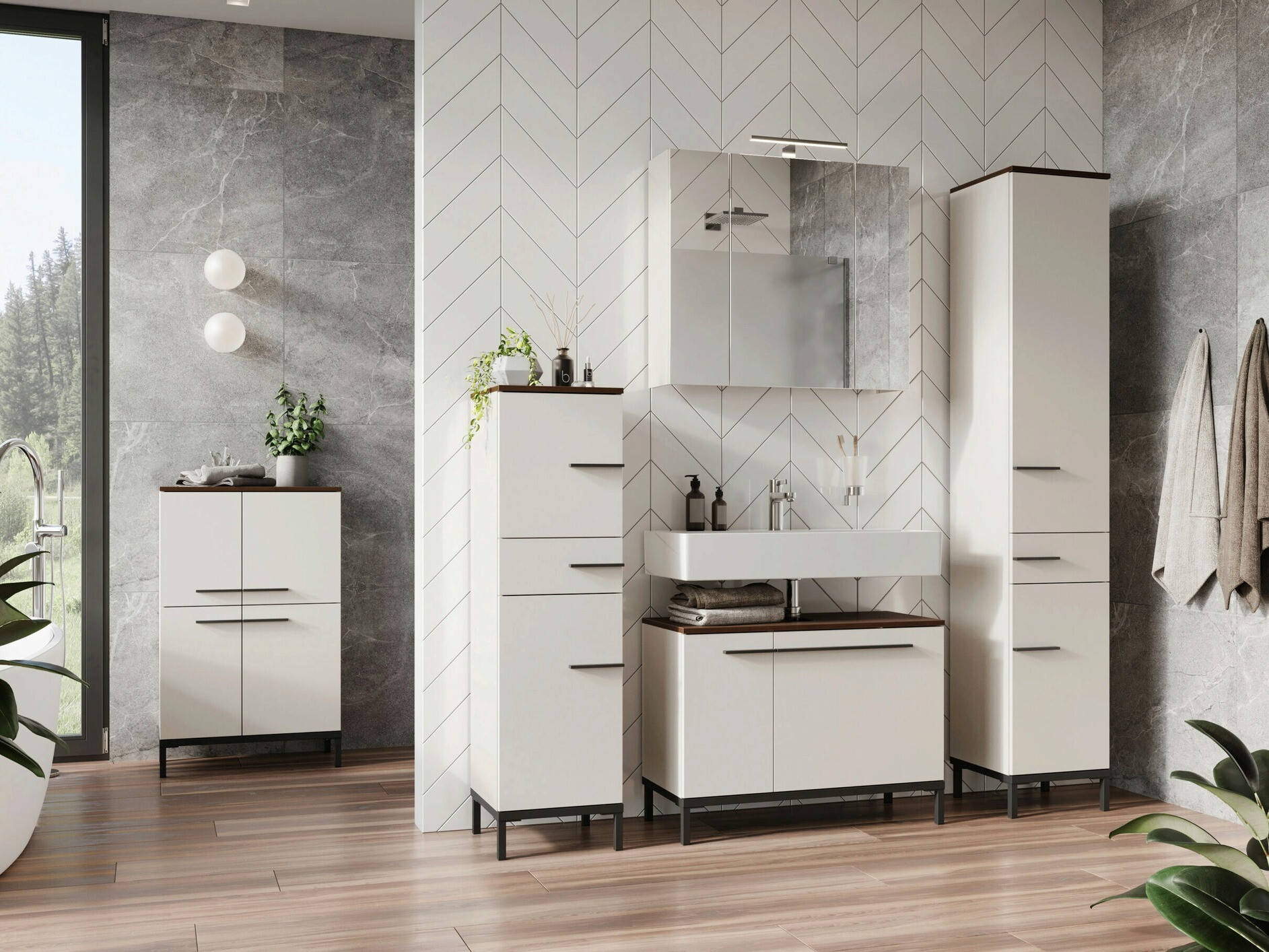 Set za kupatilo Ruvlevu 104 (Svetloosiva + Orah)