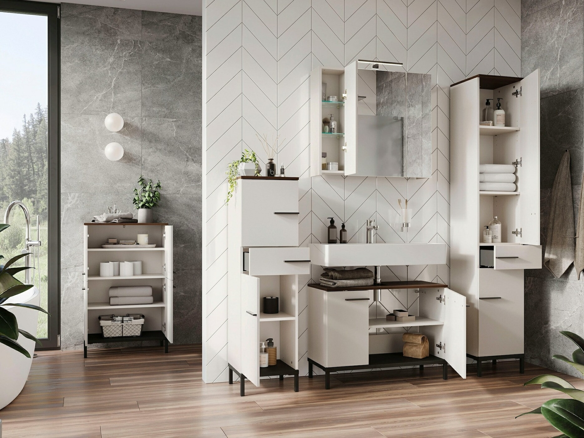 Set za kupatilo Ruvlevu 104 (Svetloosiva + Orah)