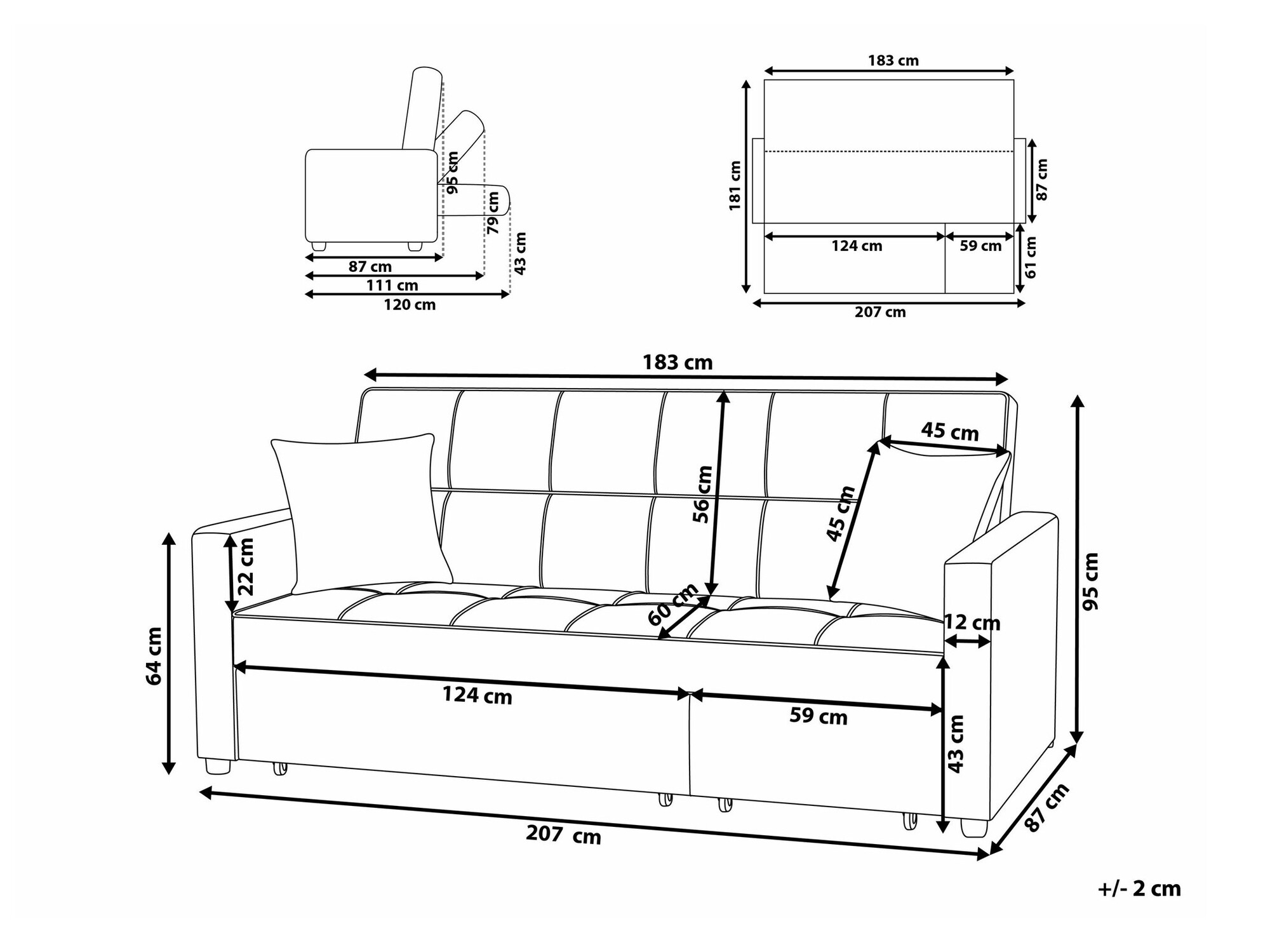 Sofa na razvlačenje Berwyn 1774 (Sivo)