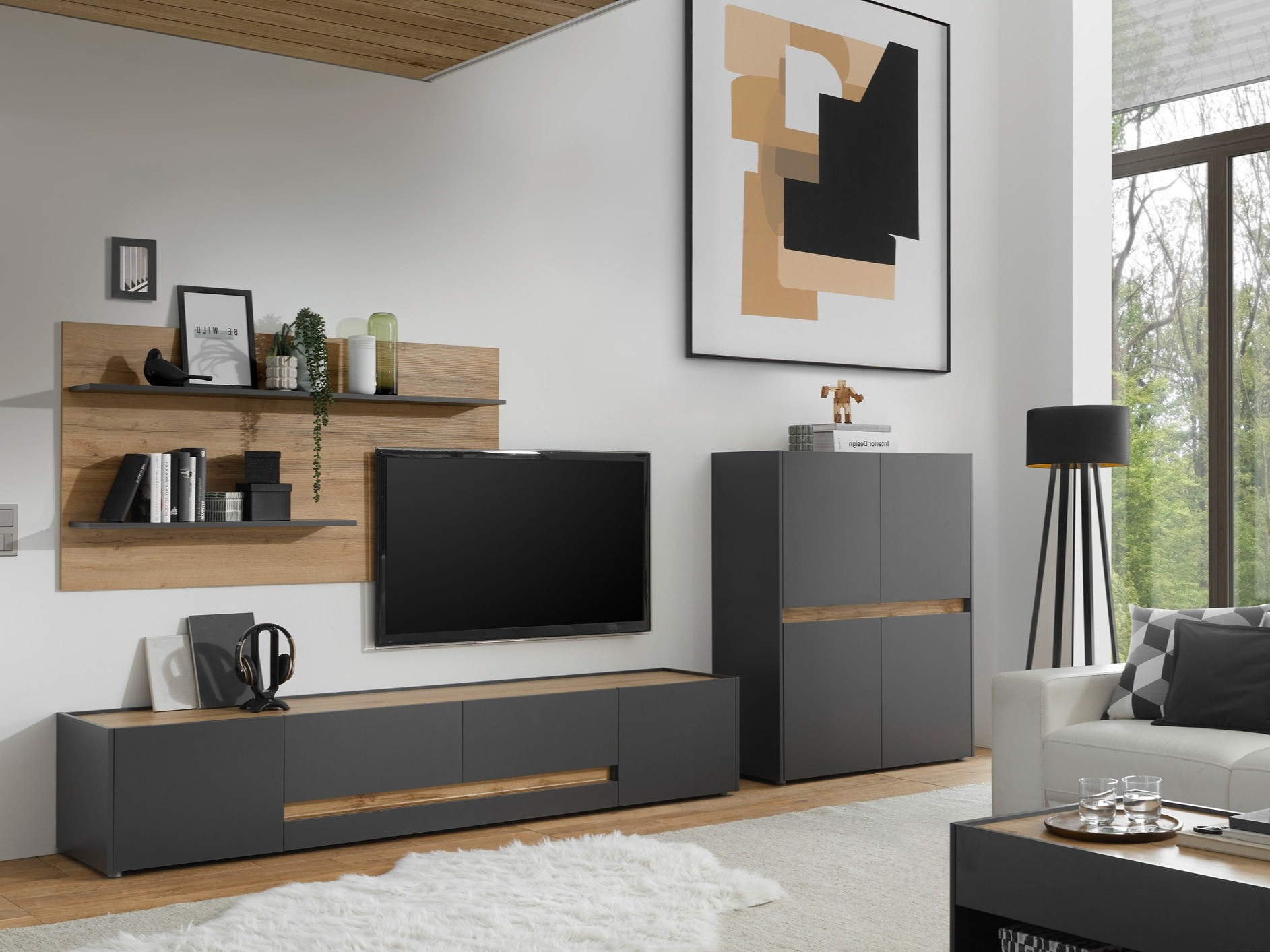 Set za dnevnu sobu Elbsori 127 (Antracit + Hrast Votan)