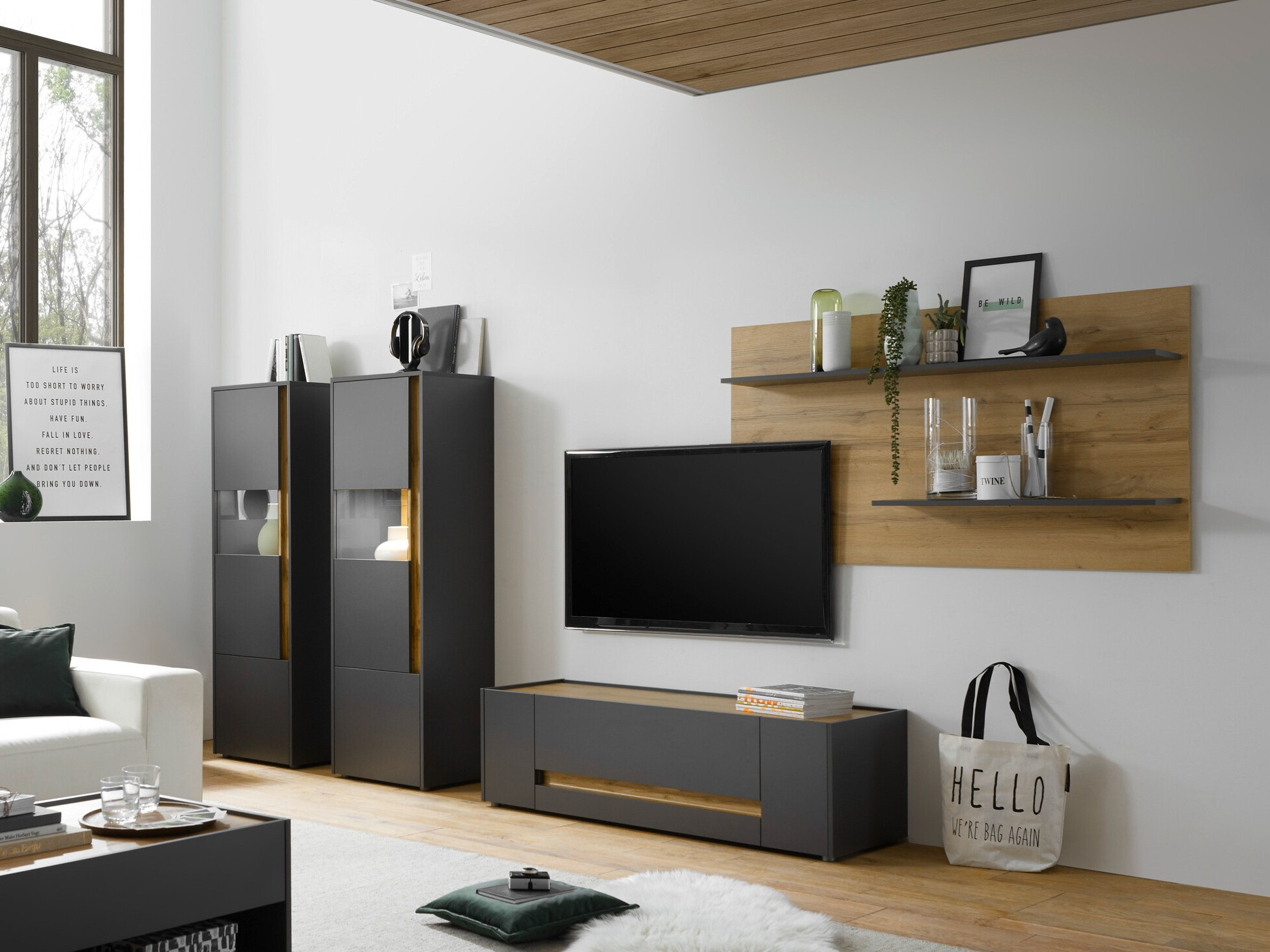Set za dnevnu sobu Elbsori 128 (Antracit + Hrast Votan)