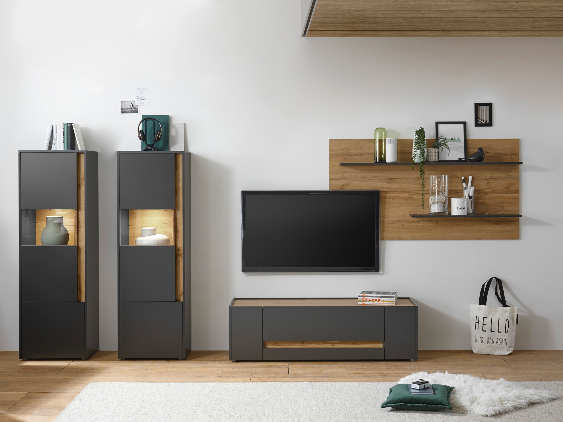 Set za dnevnu sobu Elbsori 128 (Antracit + Hrast Votan)