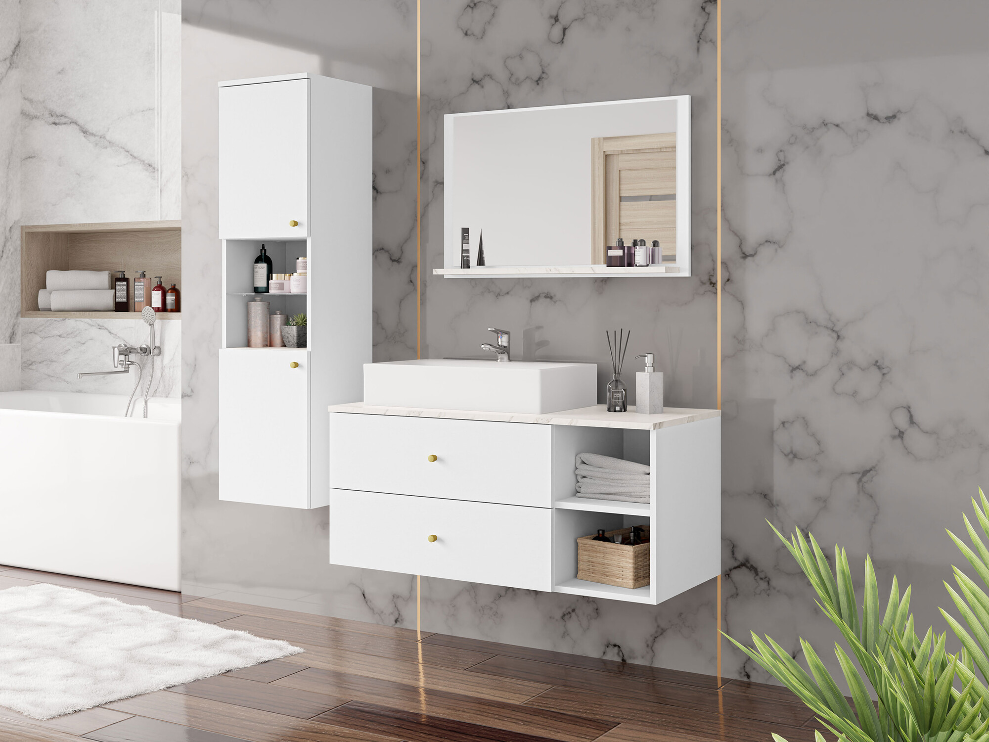 Set za kupatilo Salus II (Belo + Beli mermer)