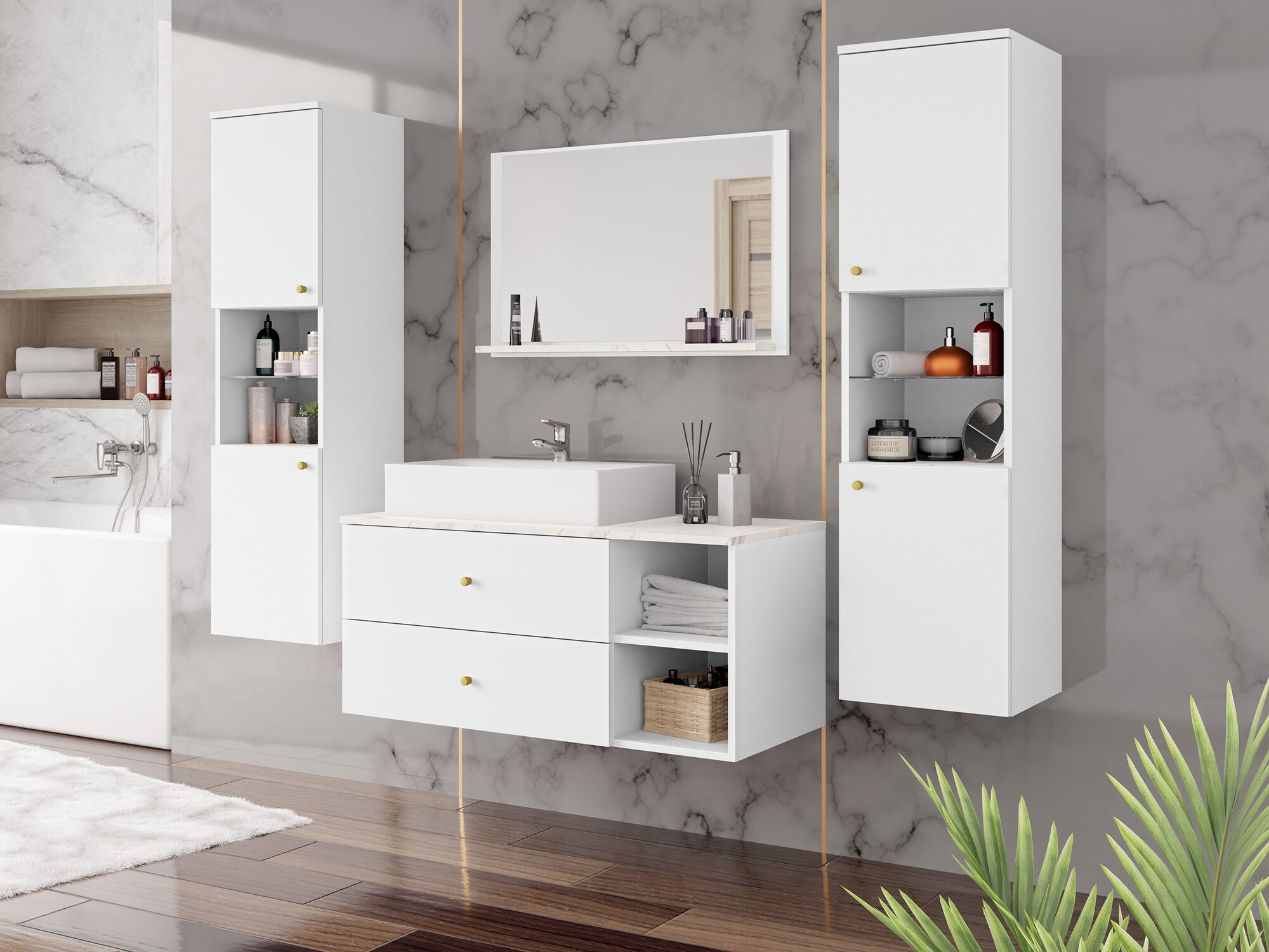Set za kupatilo Salus III (Belo + Beli mermer)