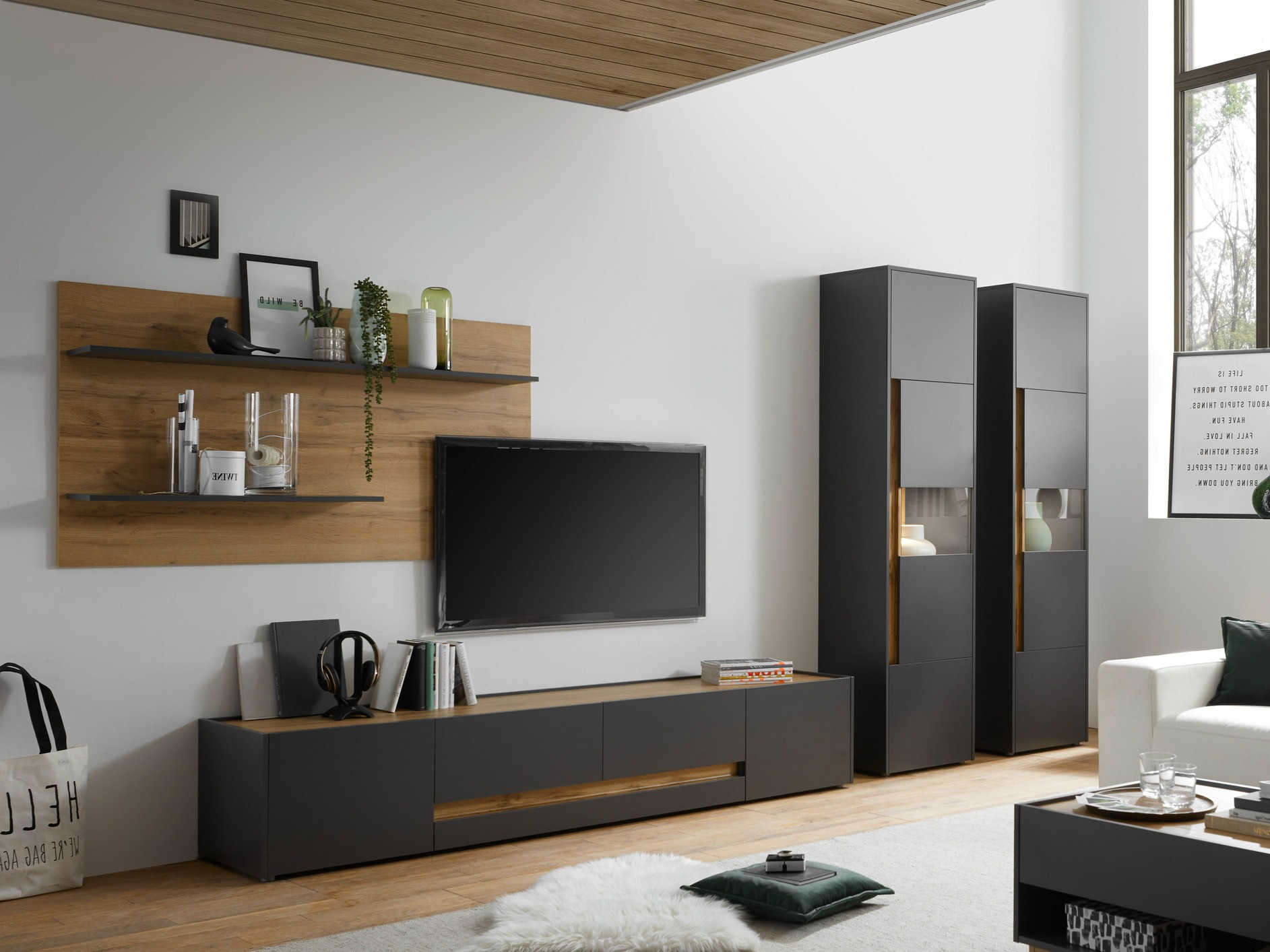 Set za dnevnu sobu Elbsori 132 (Antracit + Hrast Votan)