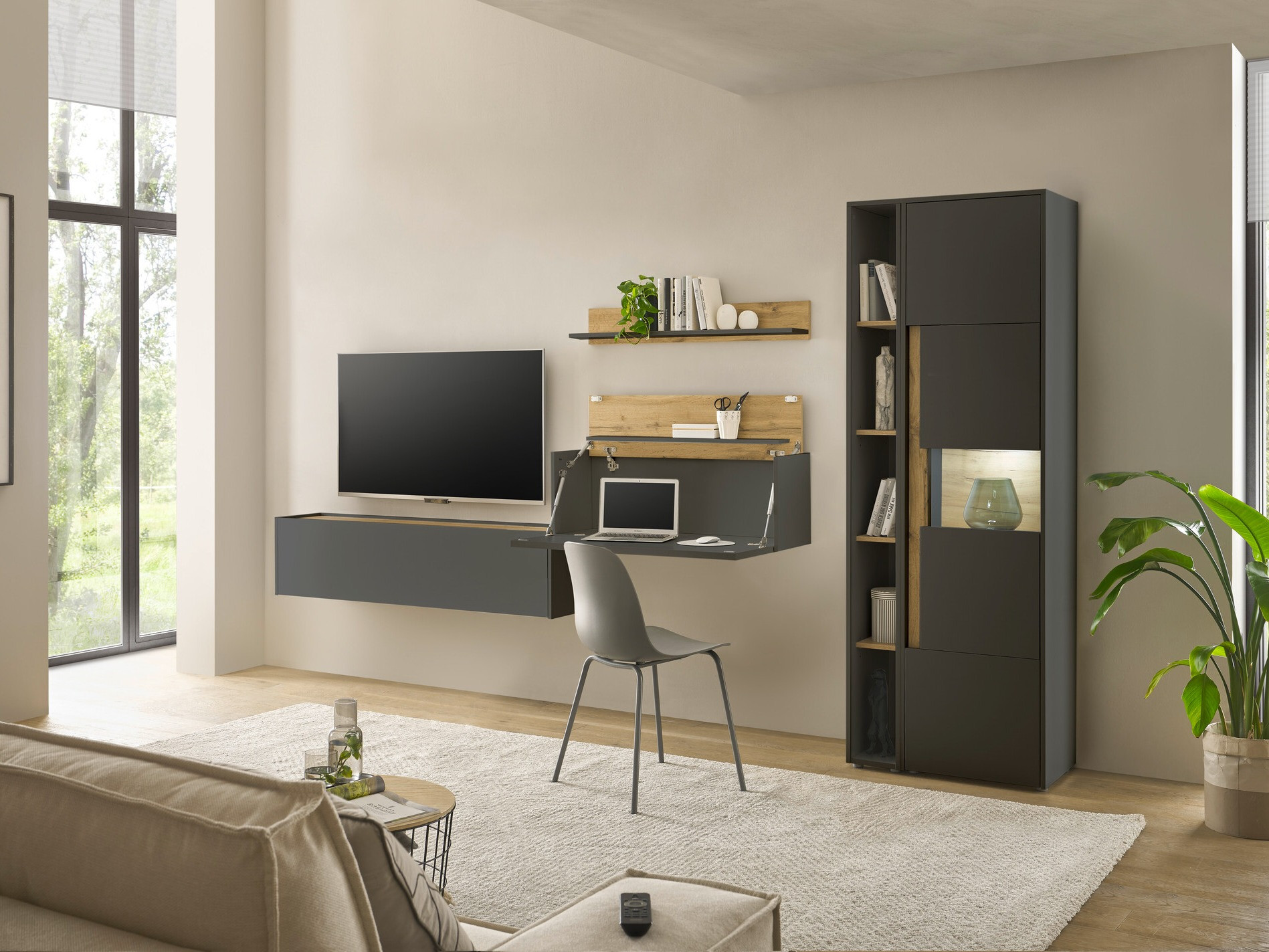 Set za dnevnu sobu Elbsori 133 (Antracit + Hrast Votan)