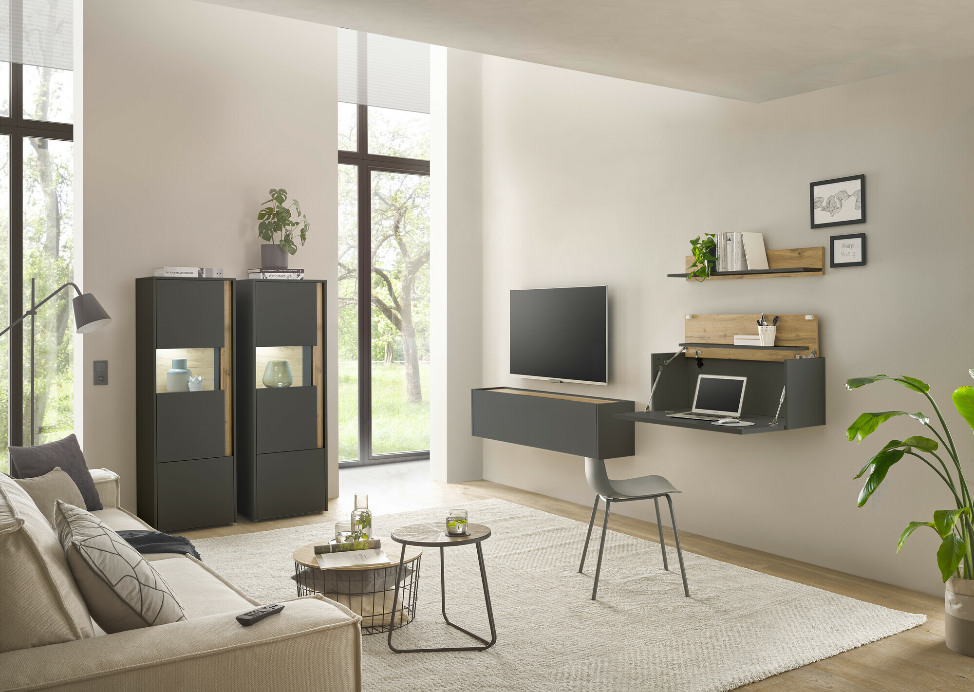Set za dnevnu sobu Elbsori 136 (Antracit + Hrast Votan)