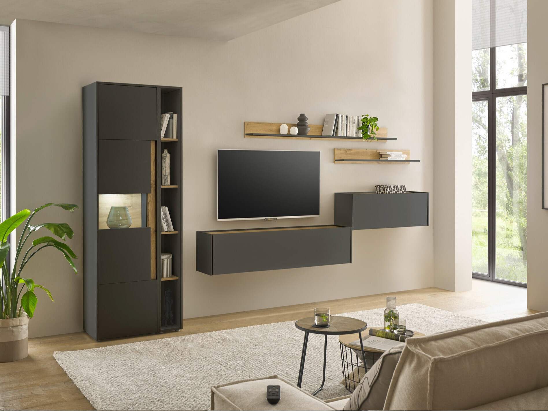 Set za dnevnu sobu Elbsori 140 (Antracit + Hrast Votan)