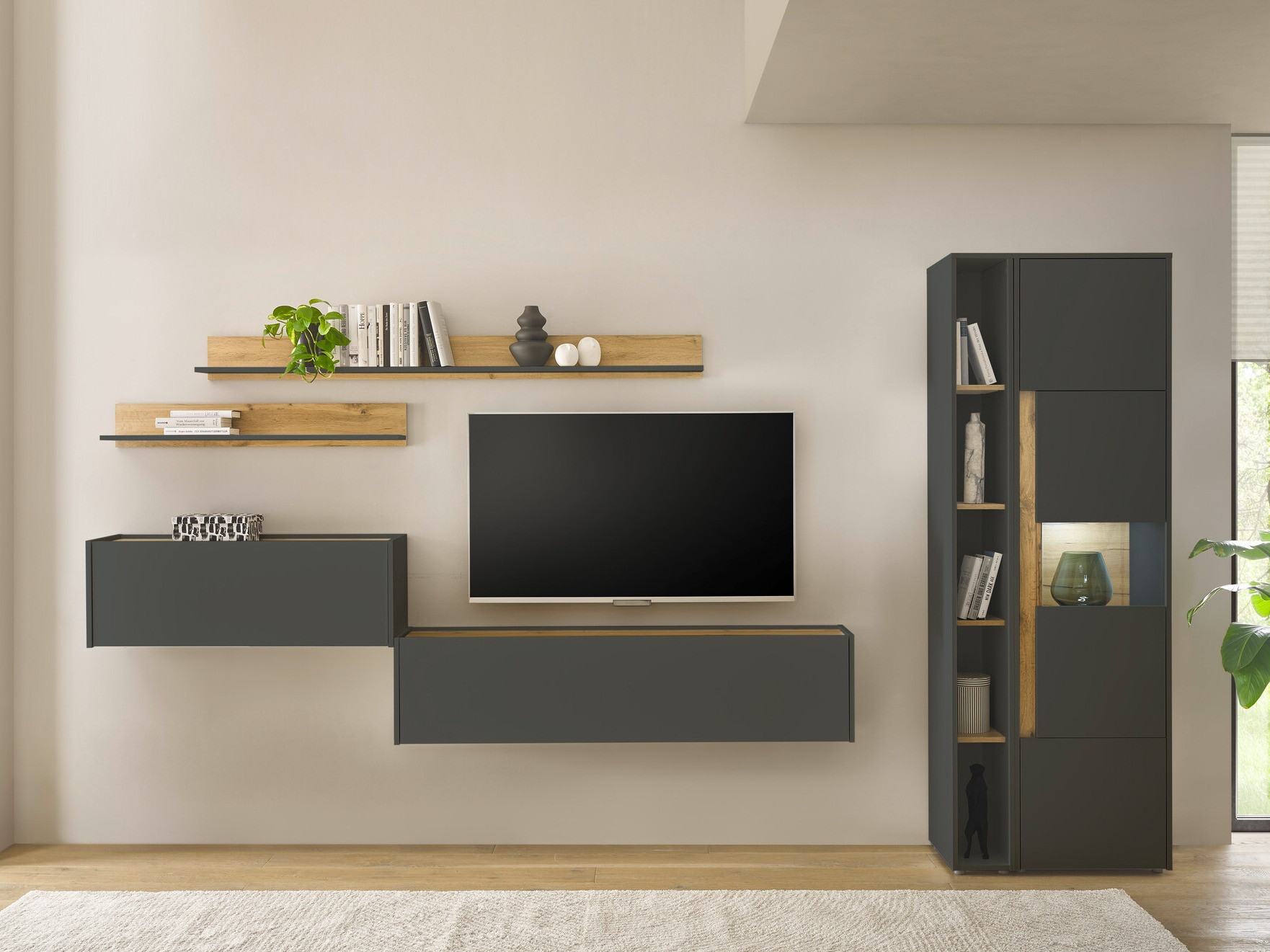Set za dnevnu sobu Elbsori 140 (Antracit + Hrast Votan)