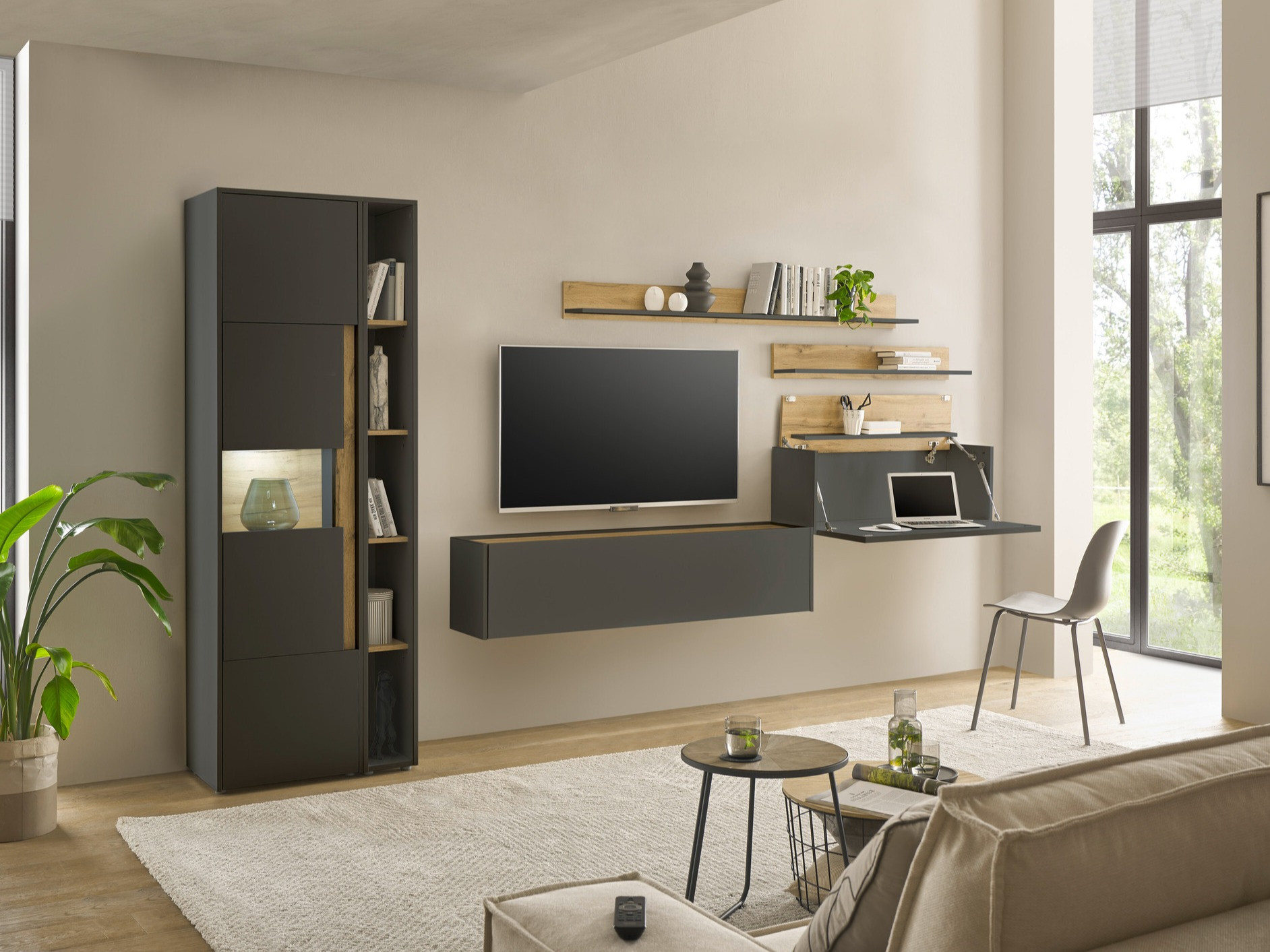 Set za dnevnu sobu Elbsori 140 (Antracit + Hrast Votan)