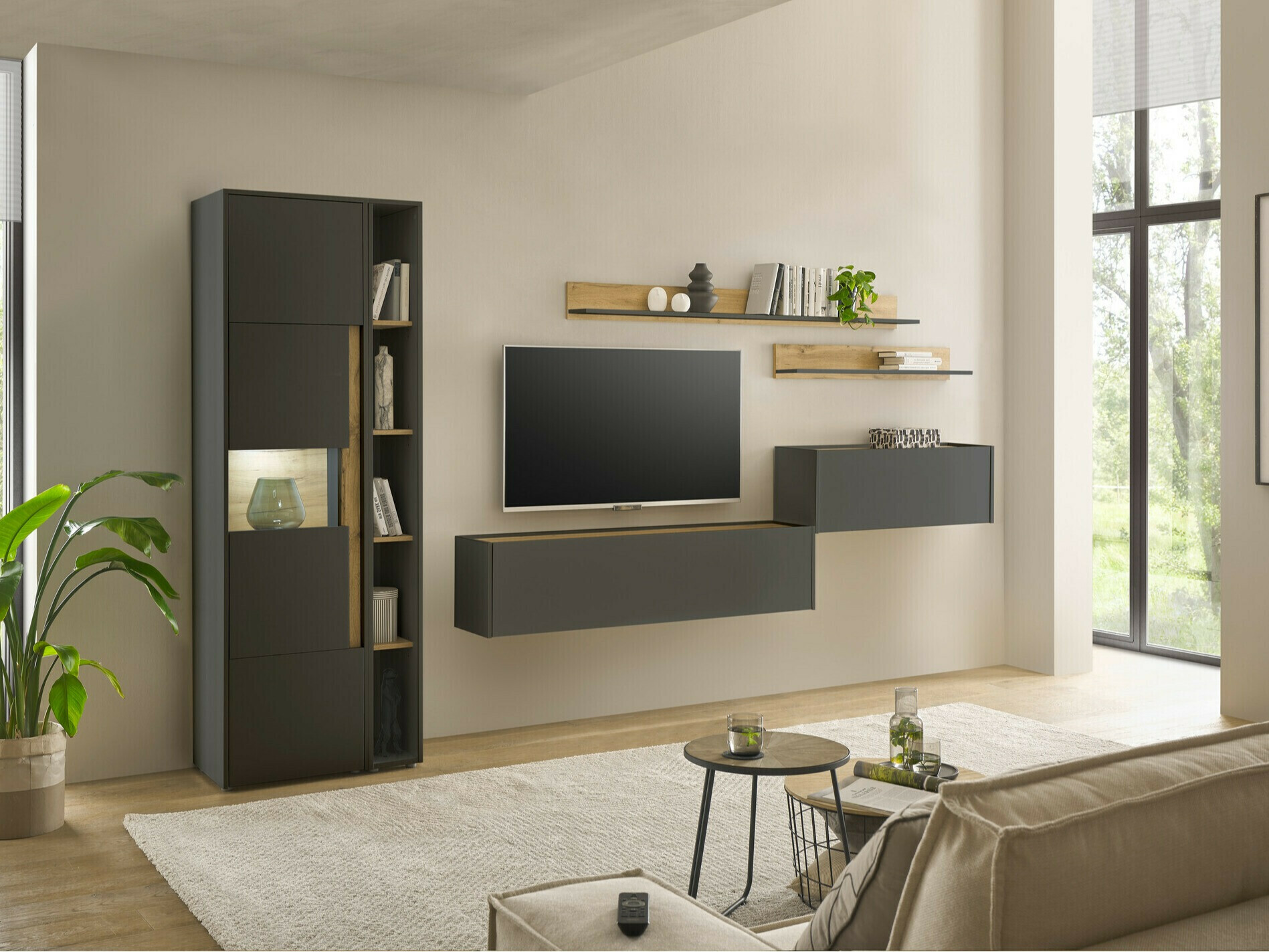 Set za dnevnu sobu Elbsori 140 (Antracit + Hrast Votan)