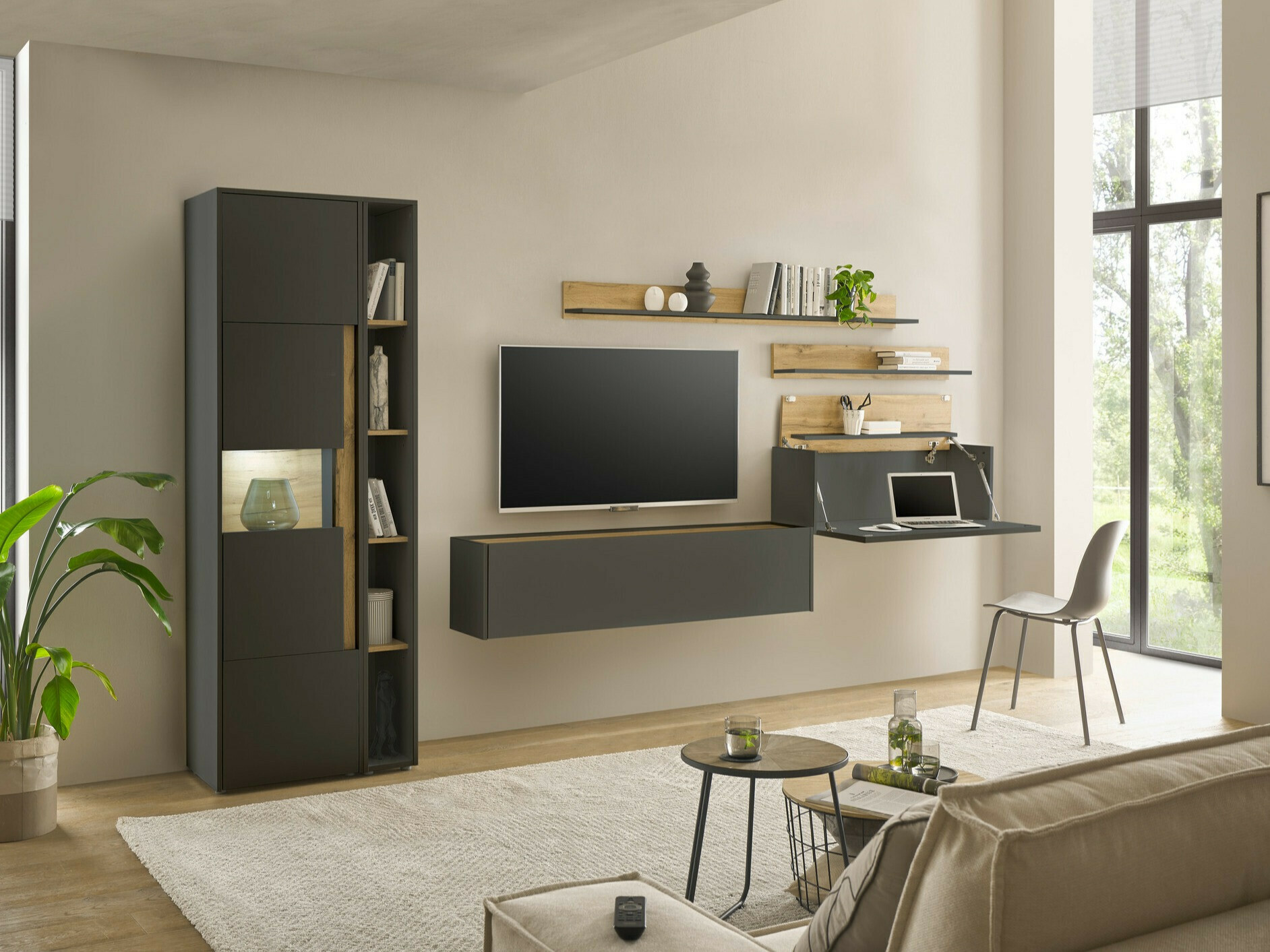 Set za dnevnu sobu Elbsori 140 (Antracit + Hrast Votan)