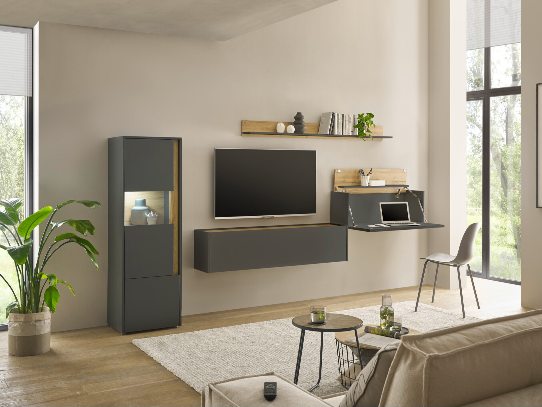 Set za dnevnu sobu Elbsori 141 (Antracit + Hrast Votan)