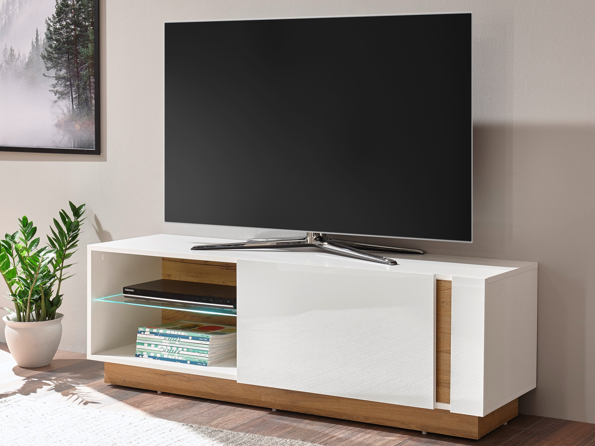 TV komoda Veropho 102 (Sjajno belo + Grandson hrast)