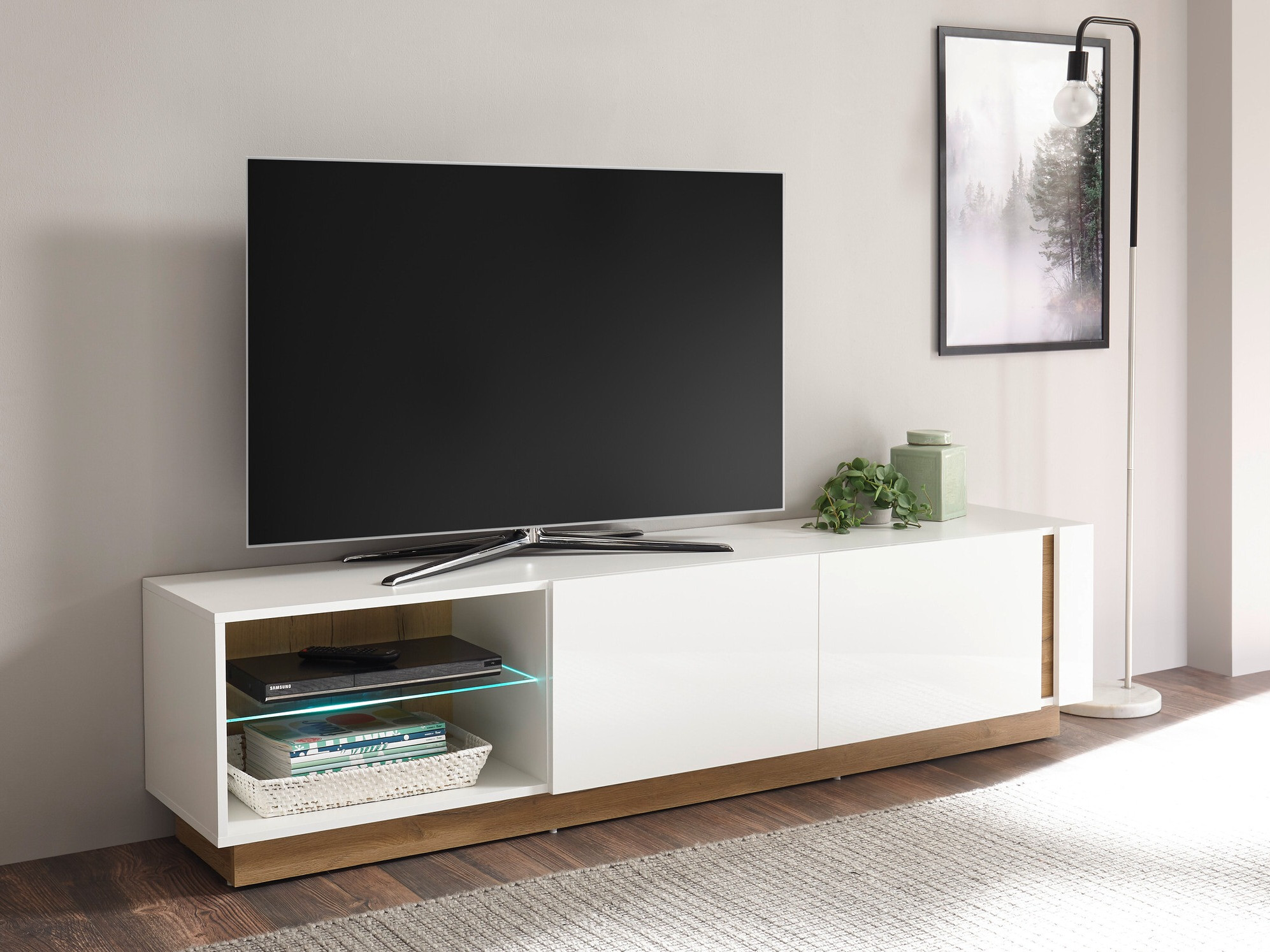 TV komoda Veropho 103 (Sjajno belo + Grandson hrast)
