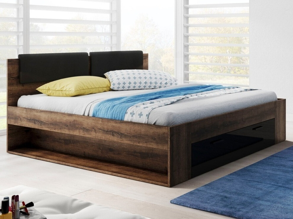 Krevet Levruvu 106 (Manastirski hrast + Crna visoki sjaj)